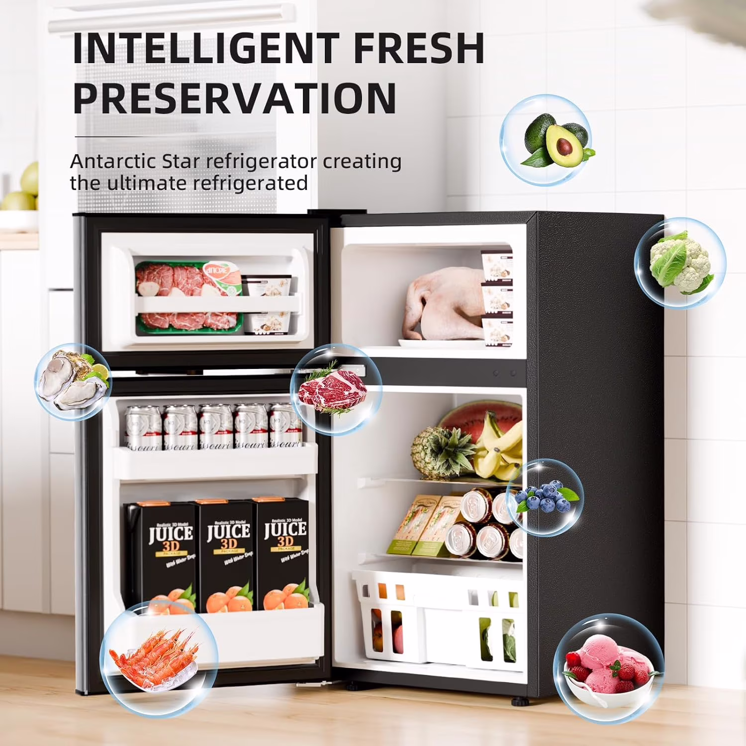 FREE VILLAGE 3.2 Cu.Ft Mini Fridge with Freezer,Compact Mini Refrigerator with Double 2 Door,Adjustable Temperature,Full Size for Home,Kitchen,Dorm,Apartment,Stainless Steel Silver - Image 4