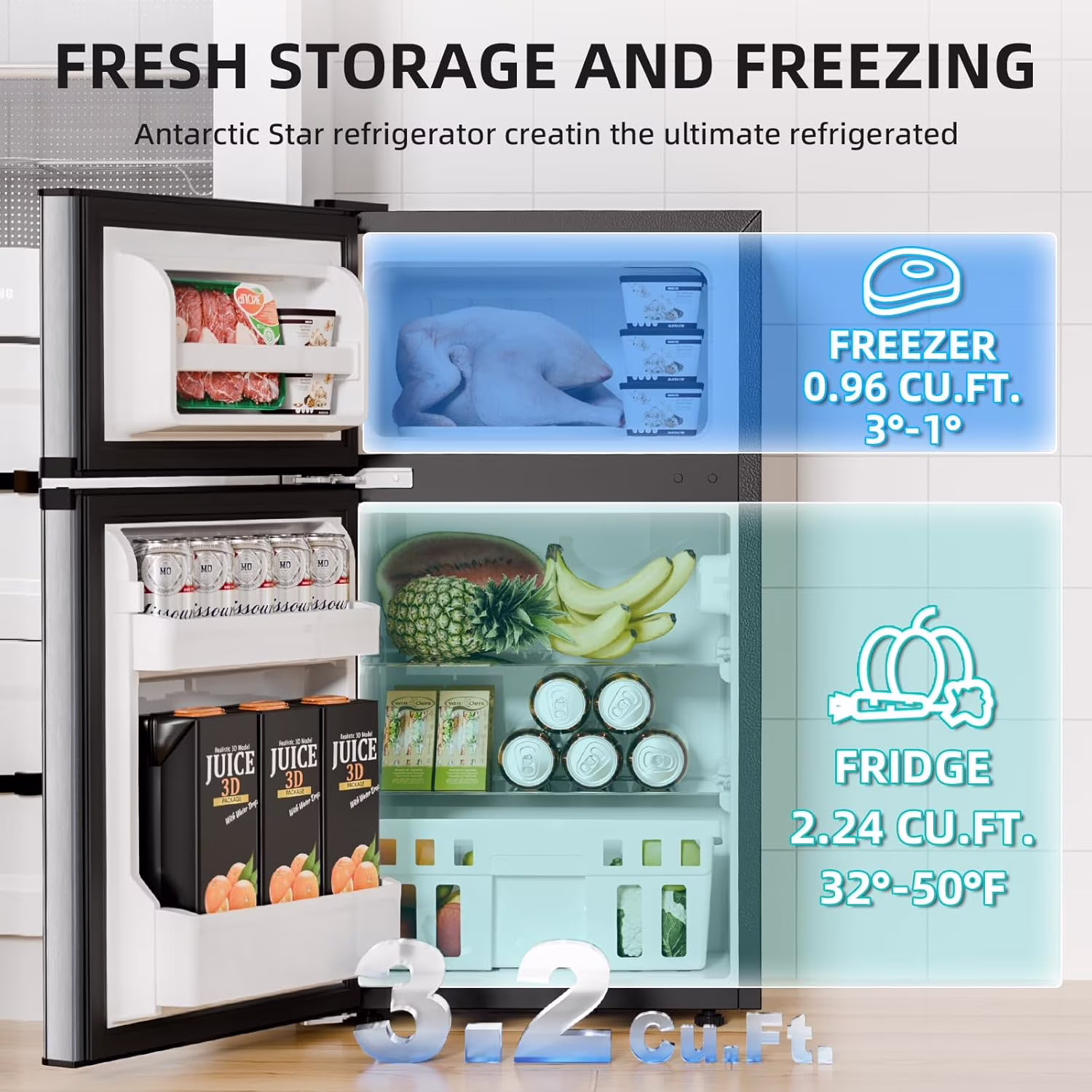 FREE VILLAGE 3.2 Cu.Ft Mini Fridge with Freezer,Compact Mini Refrigerator with Double 2 Door,Adjustable Temperature,Full Size for Home,Kitchen,Dorm,Apartment,Stainless Steel Silver - Image 2