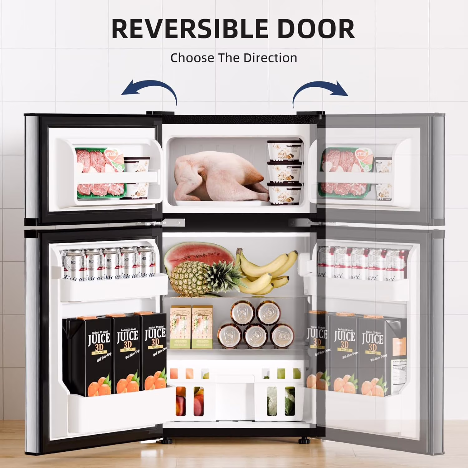 FREE VILLAGE 3.2 Cu.Ft Mini Fridge with Freezer,Compact Mini Refrigerator with Double 2 Door,Adjustable Temperature,Full Size for Home,Kitchen,Dorm,Apartment,Stainless Steel Silver - Image 3