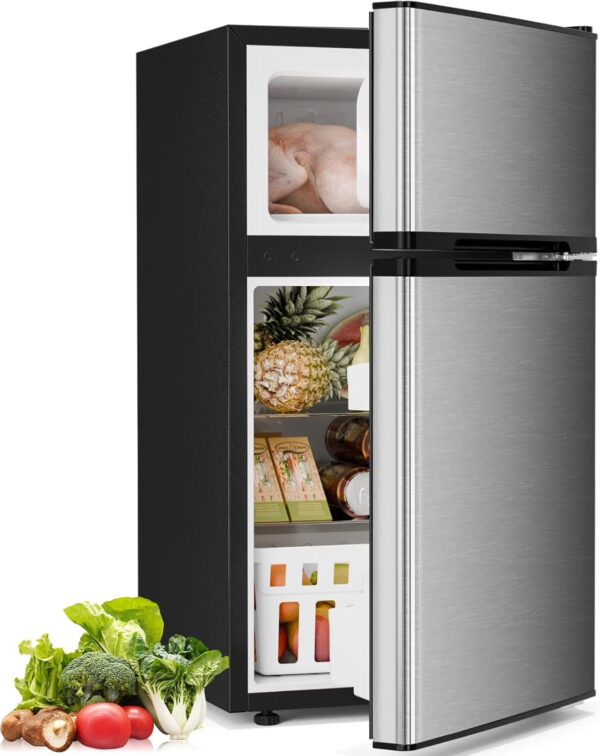 FREE VILLAGE 3.2 Cu.Ft Mini Fridge with Freezer,Compact Mini Refrigerator with Double 2 Door,Adjustable Temperature,Full Size for Home,Kitchen,Dorm,Apartment,Stainless Steel Silver