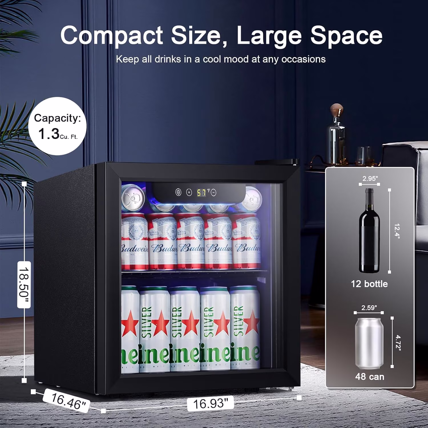 FREE VILLAGE Mini Fridge 12 Bottle 48 Can Beverage Refrigerator Cooler with glass door,1.3 Cu.Ft Small Drink Fridge for Soda Wine Beer,Adjustable Temperature Control for Home Office Bar,Black - Image 3