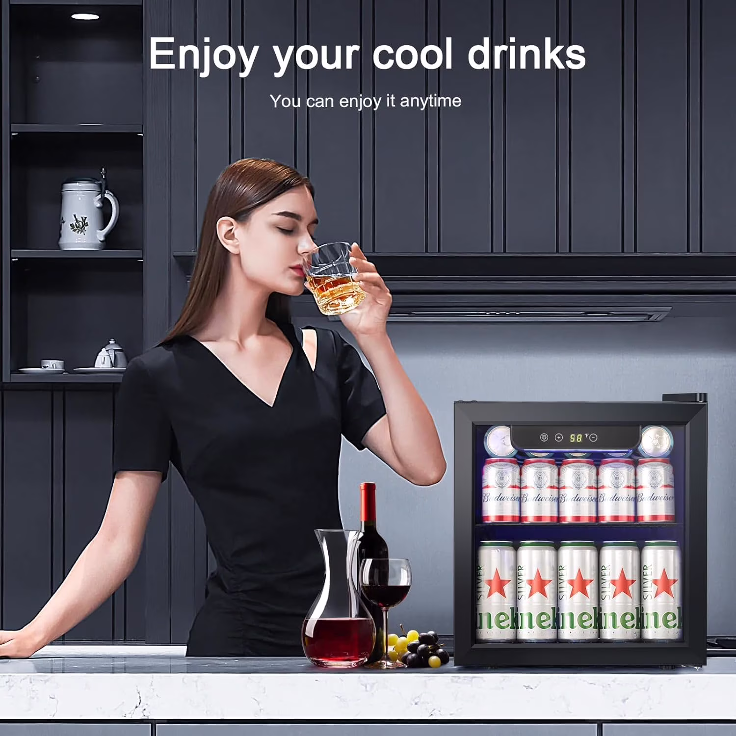 FREE VILLAGE Mini Fridge 12 Bottle 48 Can Beverage Refrigerator Cooler with glass door,1.3 Cu.Ft Small Drink Fridge for Soda Wine Beer,Adjustable Temperature Control for Home Office Bar,Black - Image 2