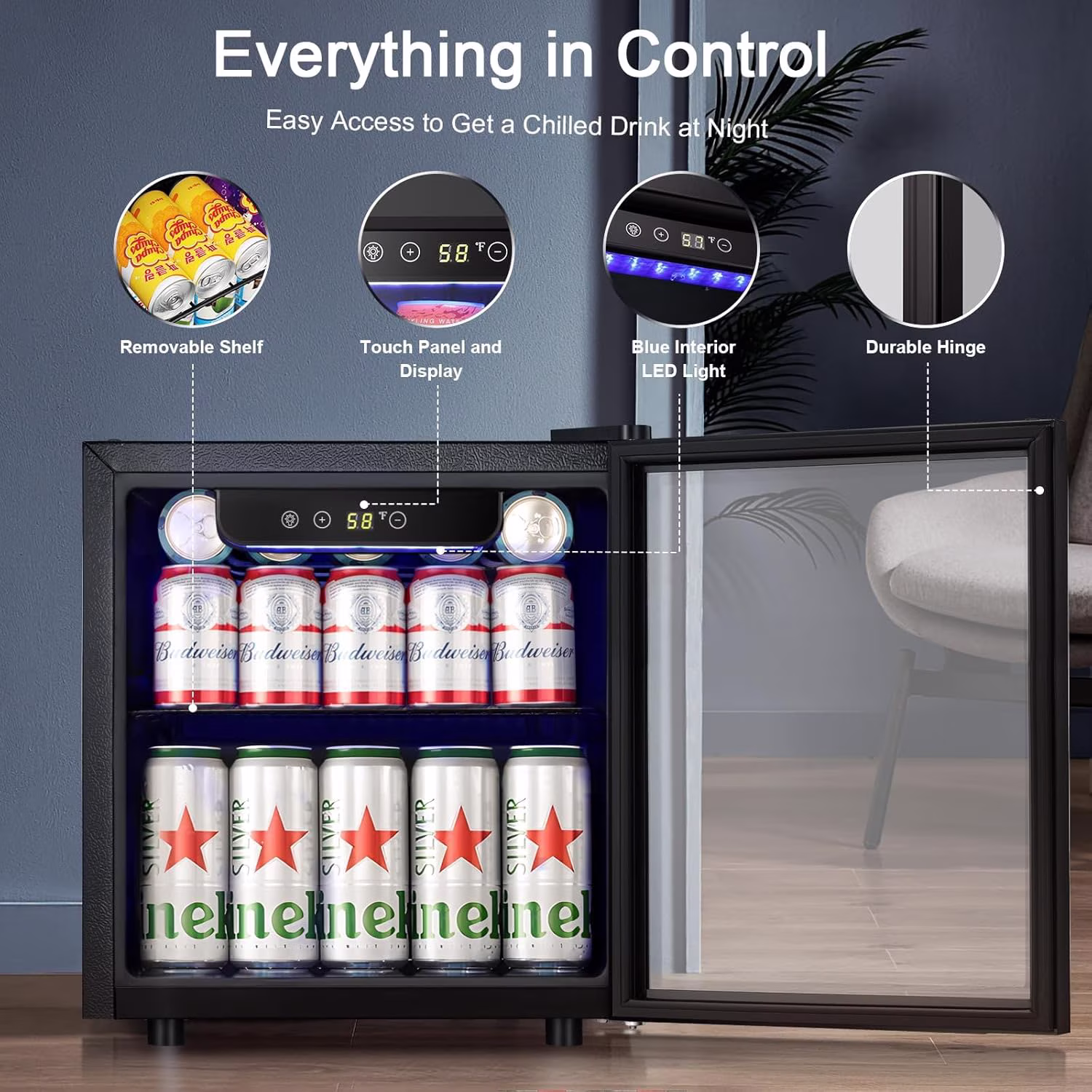 FREE VILLAGE Mini Fridge 12 Bottle 48 Can Beverage Refrigerator Cooler with glass door,1.3 Cu.Ft Small Drink Fridge for Soda Wine Beer,Adjustable Temperature Control for Home Office Bar,Black - Image 5