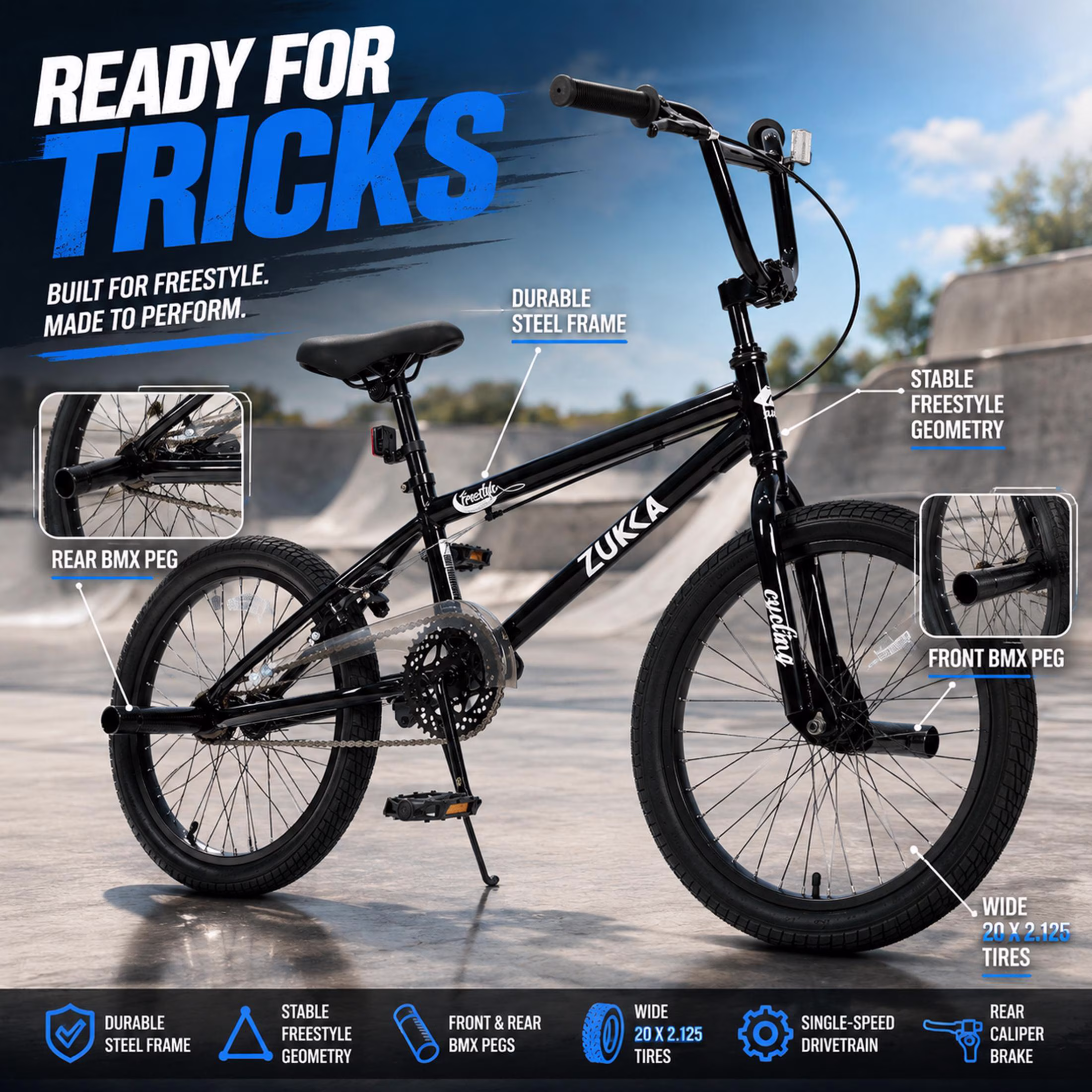 Freestyle Kids Bike 20 Inch Single Speed Children's Bicycle with BMX Pegs, Carbon Steel Frame Mountain Bike for Boys and Girls Ages 7-10 Years, Black - Image 3