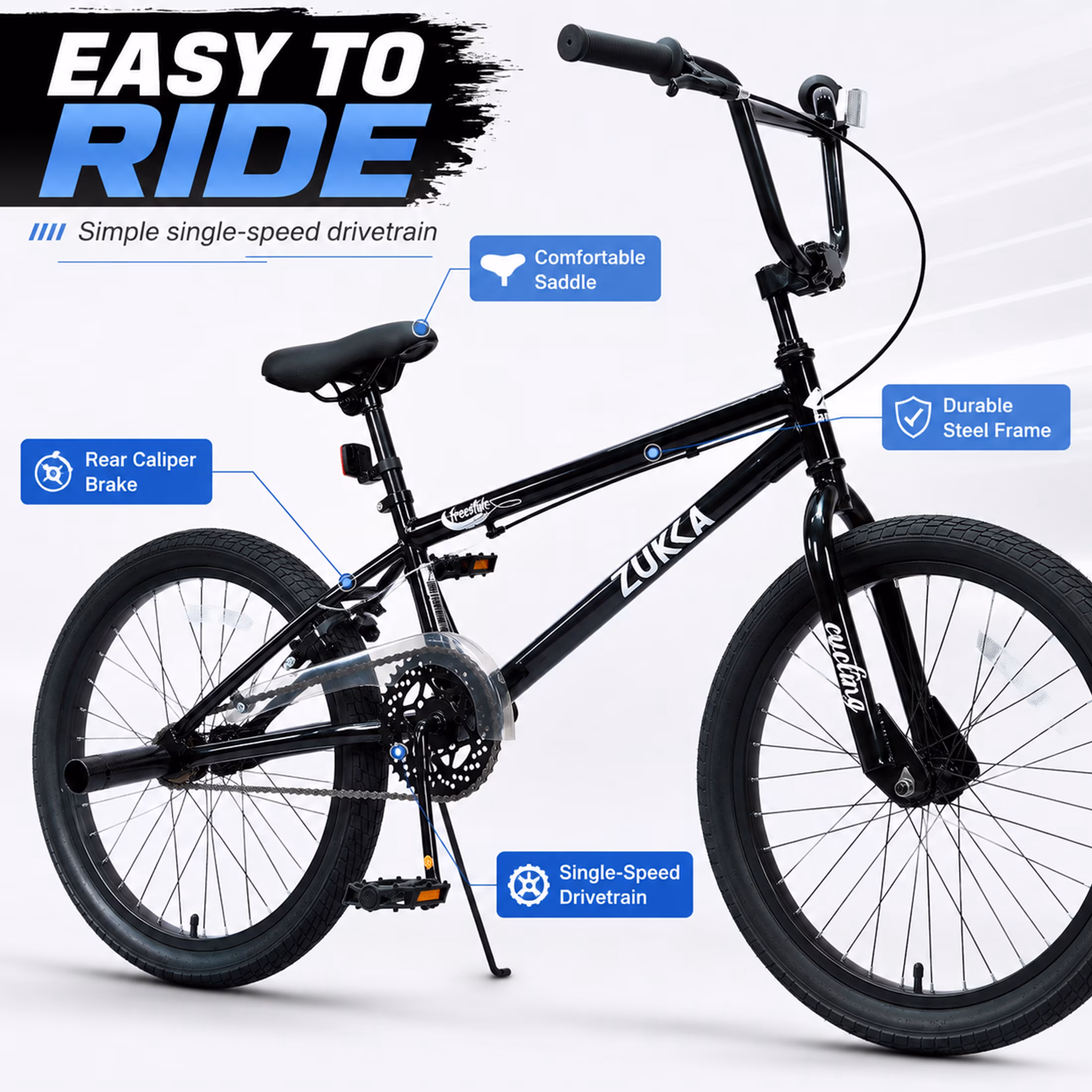 Freestyle Kids Bike 20 Inch Single Speed Children's Bicycle with BMX Pegs, Carbon Steel Frame Mountain Bike for Boys and Girls Ages 7-10 Years, Black - Image 4