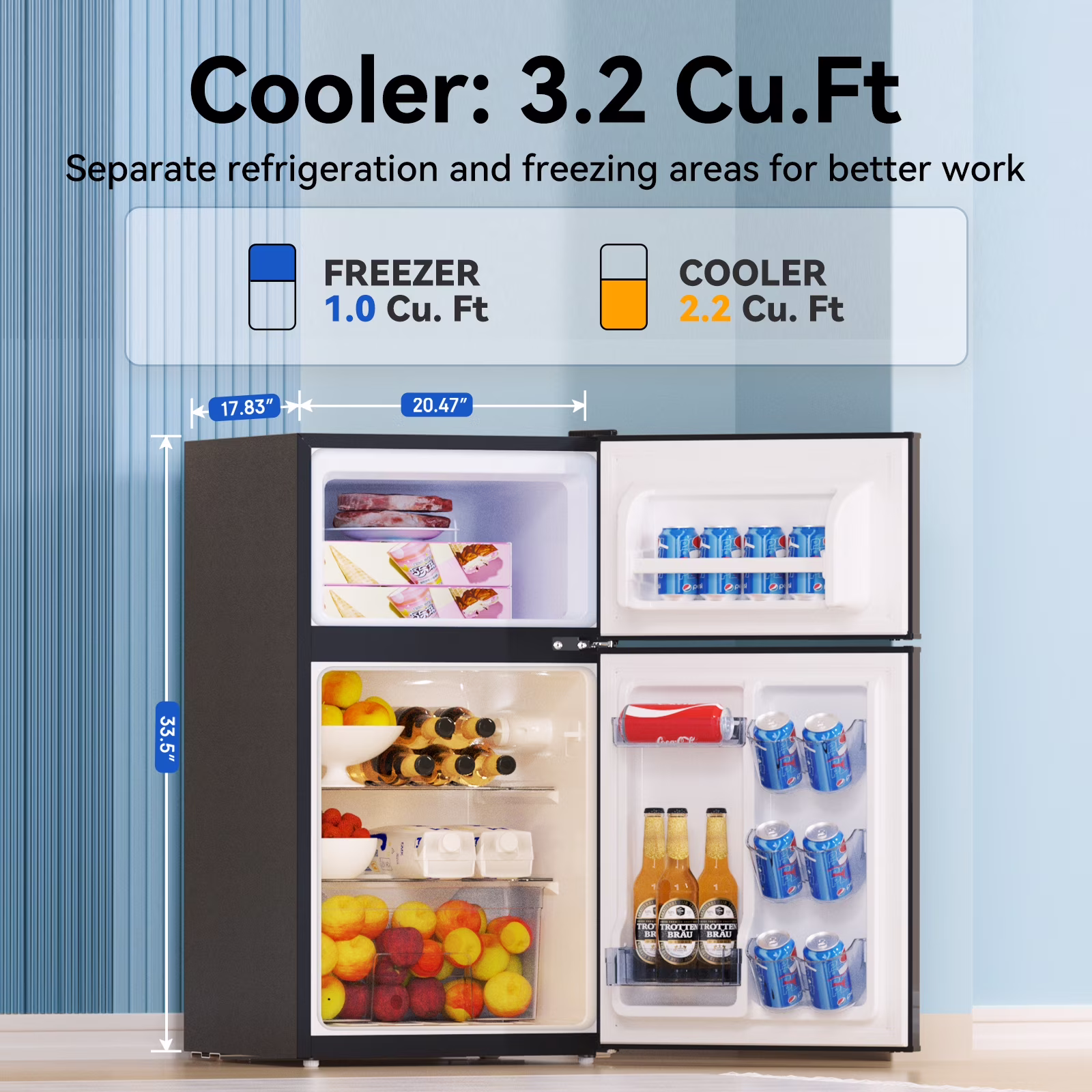 Frestec 3.2 Cu Ft 2 Door Mini Fridge with Freezer – Black, Stainless Steel, New - Image 2