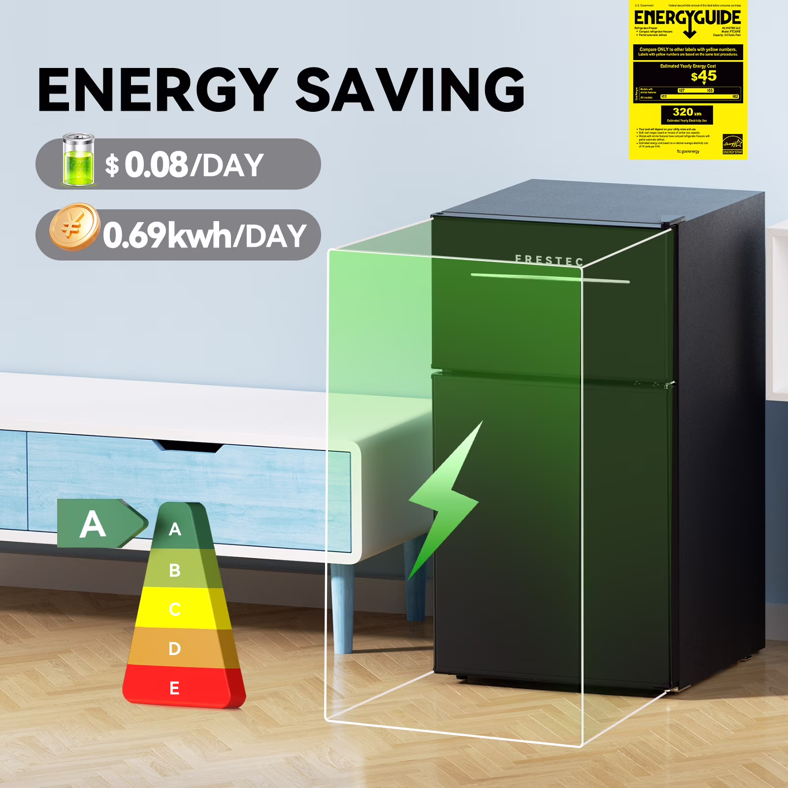 Frestec 3.2 Cu.Ft Compact Refrigerator, 2 Door, Black, Energy-Saving, Quiet, Mini Fridge - Image 2
