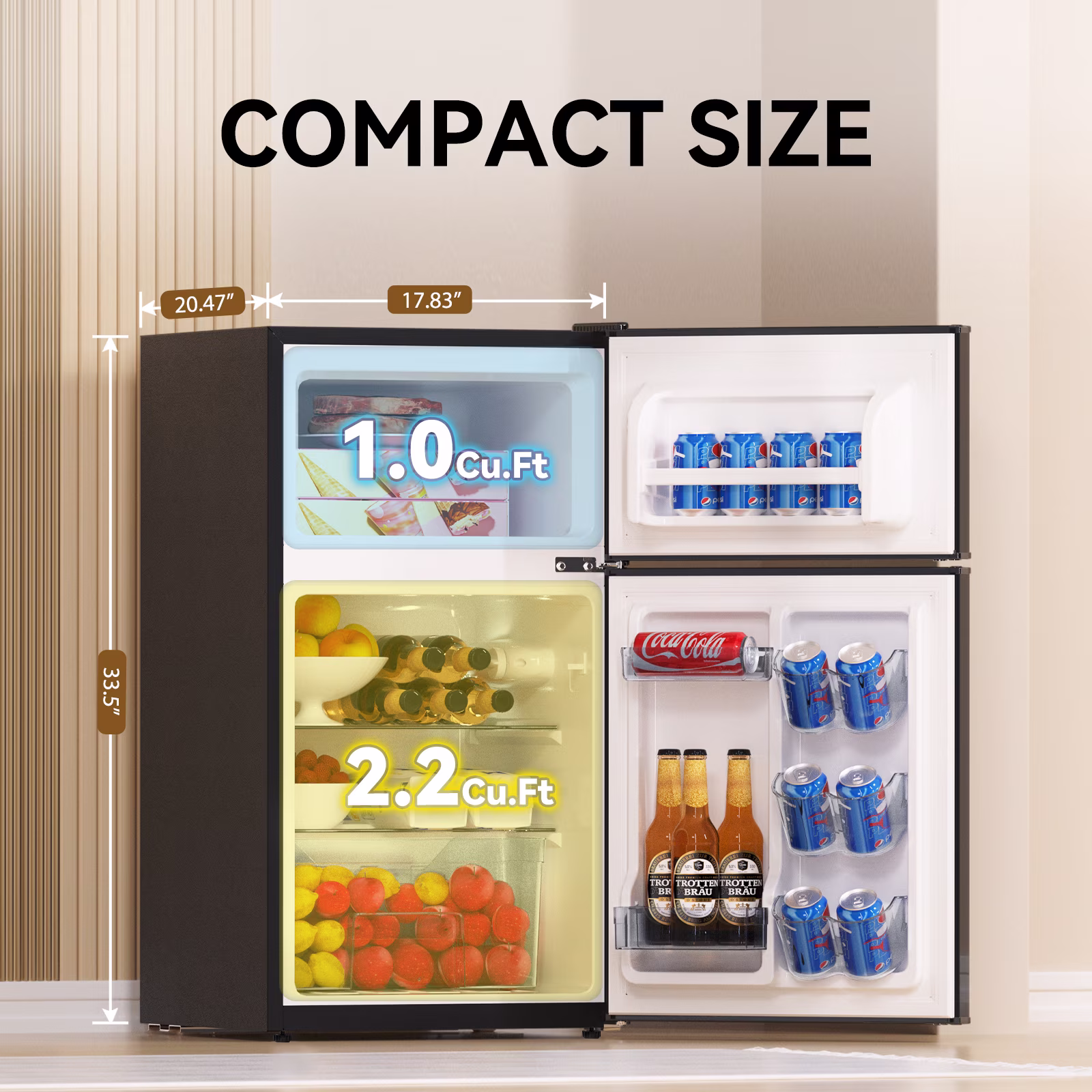 Frestec 3.2 Cu Ft Two-Door Mini Fridge with Freezer – Black, Stainless Steel, New - Image 2