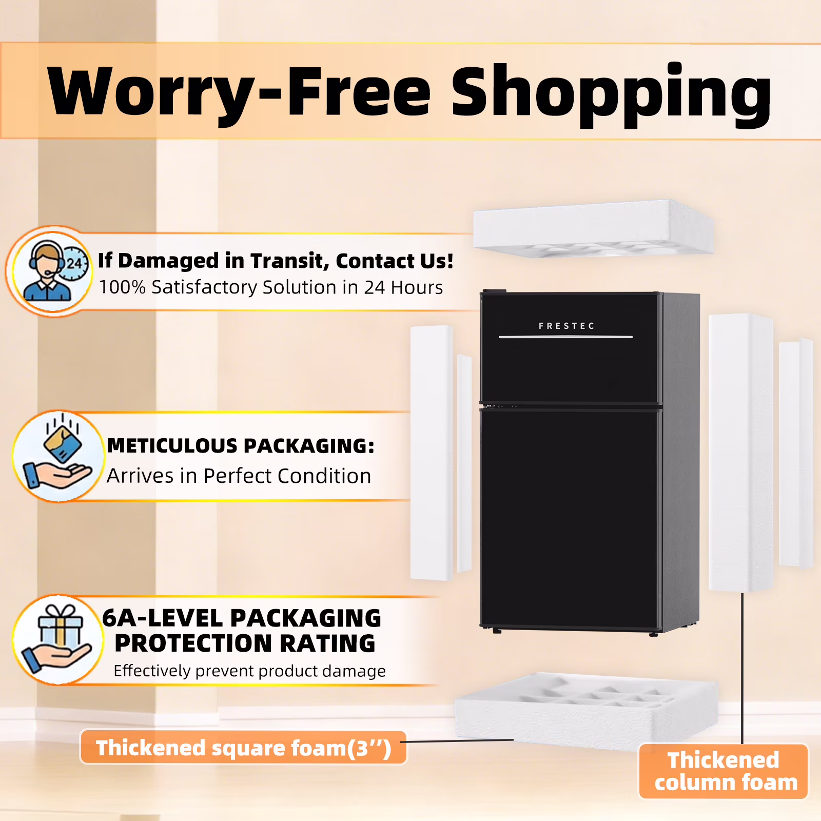Frestec 3.2 Cu Ft Two-Door Mini Fridge with Freezer – Black, Stainless Steel, New - Image 4