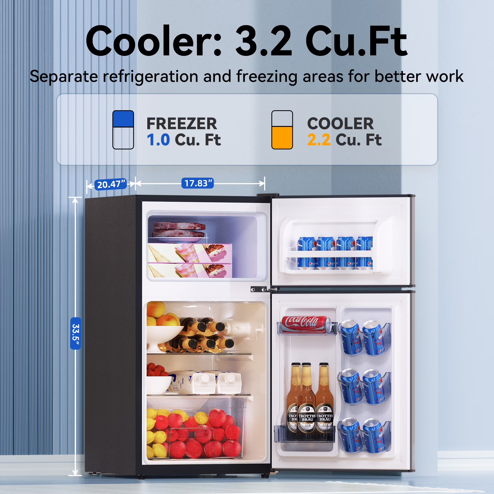 Frestec 3.2 Cu ft Two Door Mini Fridge with Freezer, Grey, E-Star,New,FTC30RE-SS - Image 3