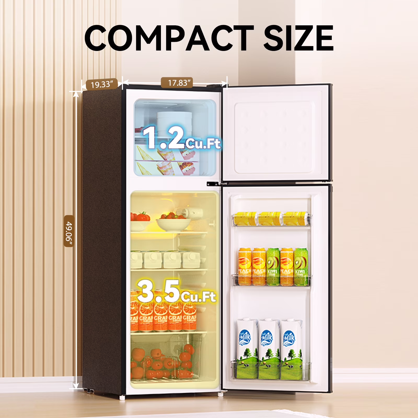 Frestec 4.7 Cu.Ft Mini Fridge with Freezer, Double Door Mini Fridge with Top Freezer, 7 Temperature Settings, Adjustable Shelves, Black - Image 2