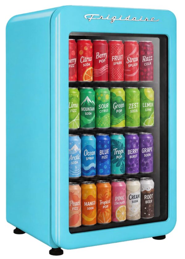 Frigidaire 3.3 Cu. ft. 102 Can Retro Refrigerator, 95 Liter Mini Fridge with Glass Door, Blue