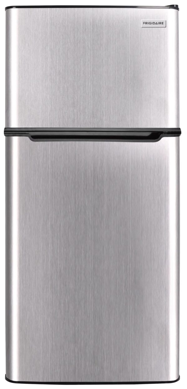 Frigidaire 4.5 cu ft 2-Door Compact Refrigerator with Freezer and Chrome trim—space-saving, energy-efficient mini fridge ideal for dorms, offices, and small kitchens.