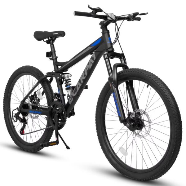 Full Suspension Mountain Bike24 / 27.5 Inch, 21-Speed Steel Frame Mountain Bicycle with Dual Disc Brakes for Men Women Off-Road Trail Bike