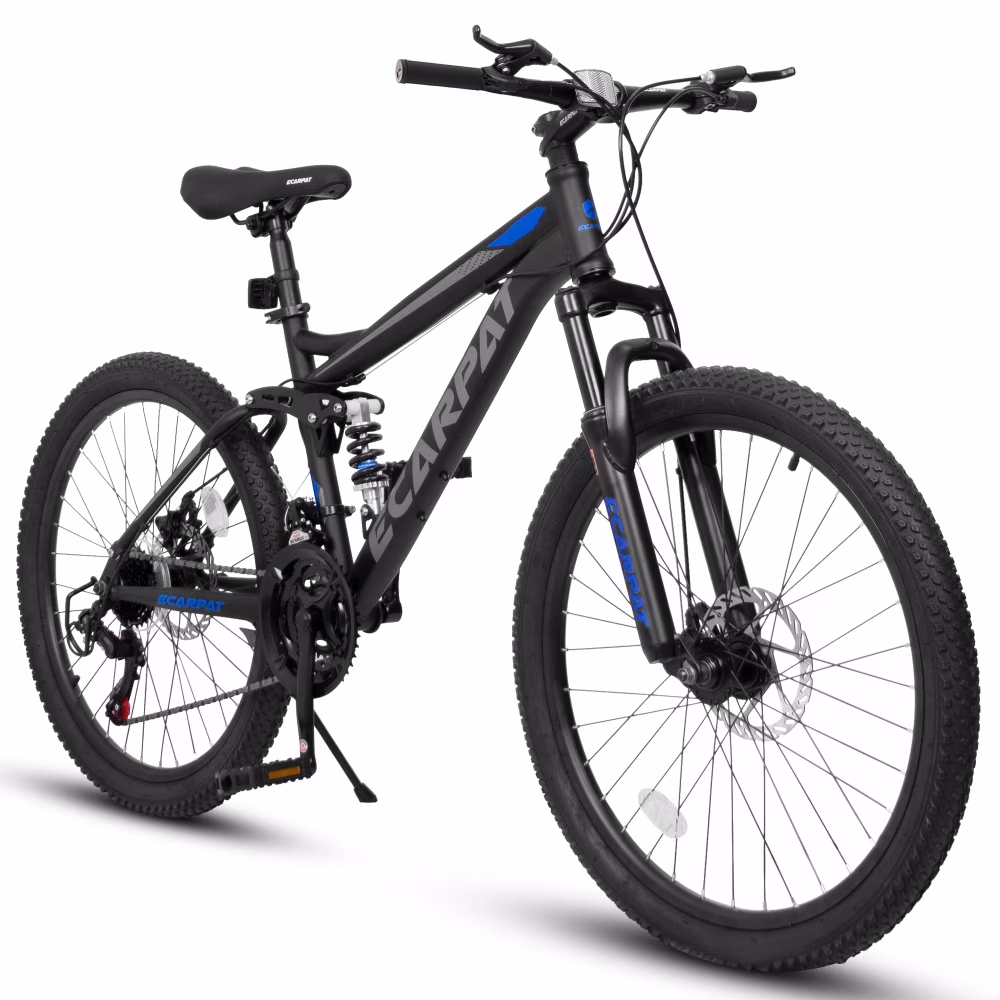 Full Suspension Mountain Bike24 / 27.5 Inch, 21-Speed Steel Frame Mountain Bicycle with Dual Disc Brakes for Men Women Off-Road Trail Bike