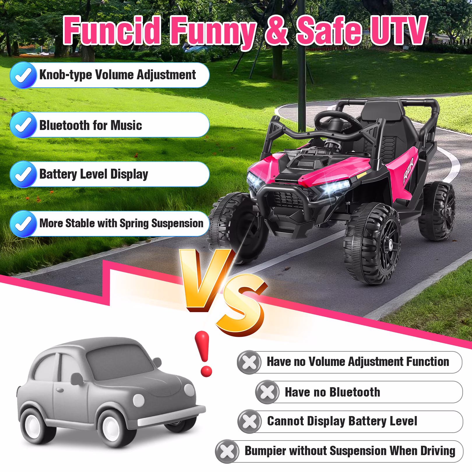 Funcid 12V Ride on Toys with Remote Control, Single Seater Ride on Cars, 200W Electric Car for Kids w/ Bluetooth, Knob Volume Control, Battery Indicator, MP3, Spring Suspension, Rose Red - Image 5