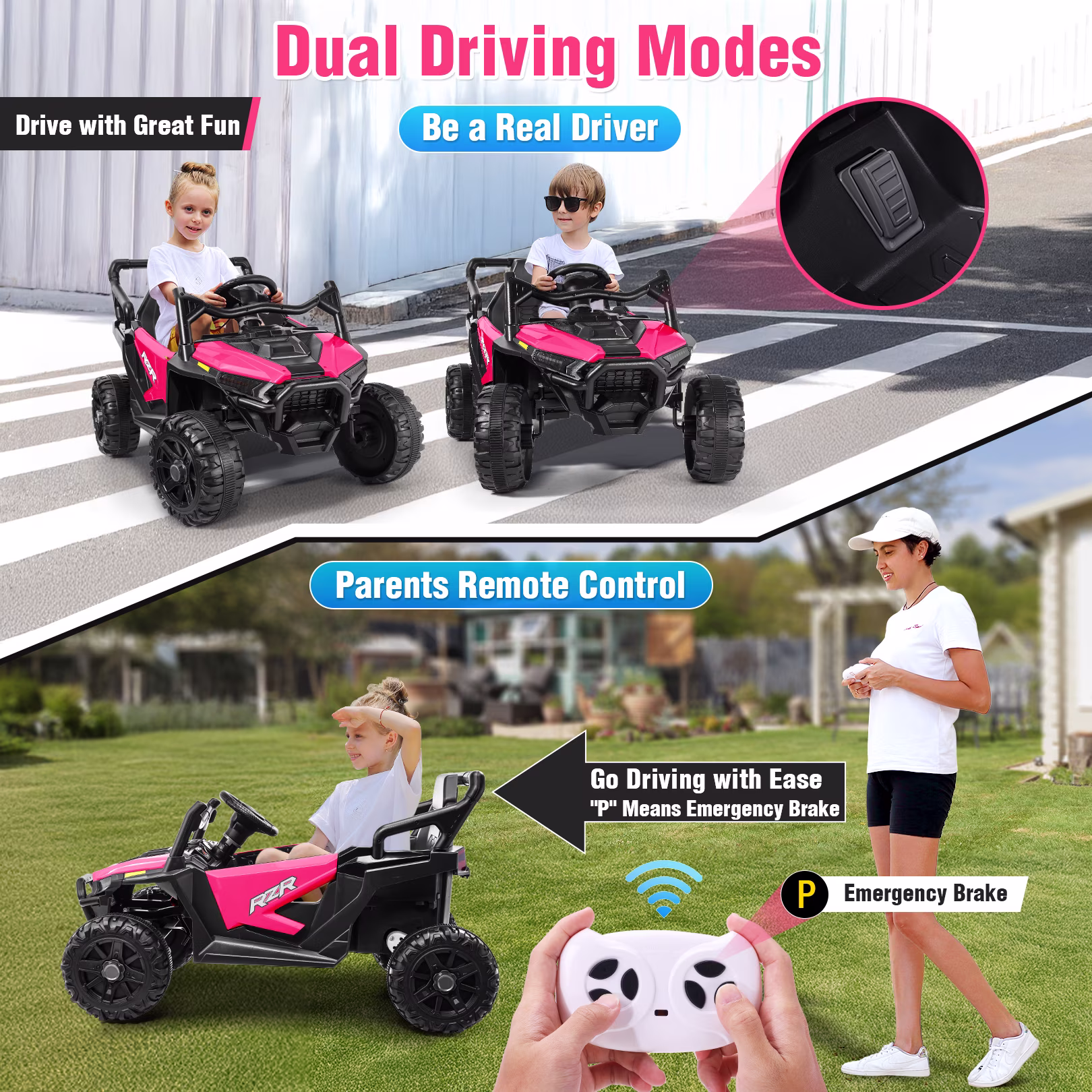 Funcid 12V Ride on Toys with Remote Control, Single Seater Ride on Cars, 200W Electric Car for Kids w/ Bluetooth, Knob Volume Control, Battery Indicator, MP3, Spring Suspension, Rose Red - Image 3