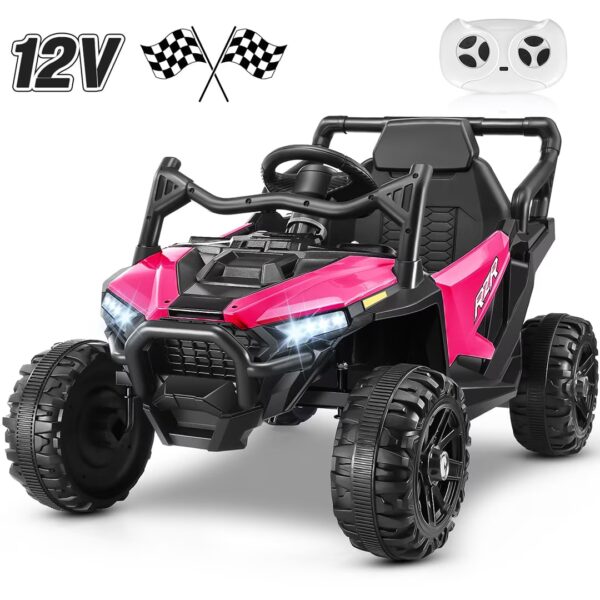 Funcid 12V Ride on Toys with Remote Control, Single Seater Ride on Cars, 200W Electric Car for Kids w/ Bluetooth, Knob Volume Control, Battery Indicator, MP3, Spring Suspension, Rose Red