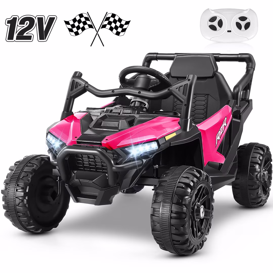 Funcid 12V Ride on Toys with Remote Control, Single Seater Ride on Cars, 200W Electric Car for Kids w/ Bluetooth, Knob Volume Control, Battery Indicator, MP3, Spring Suspension, Rose Red