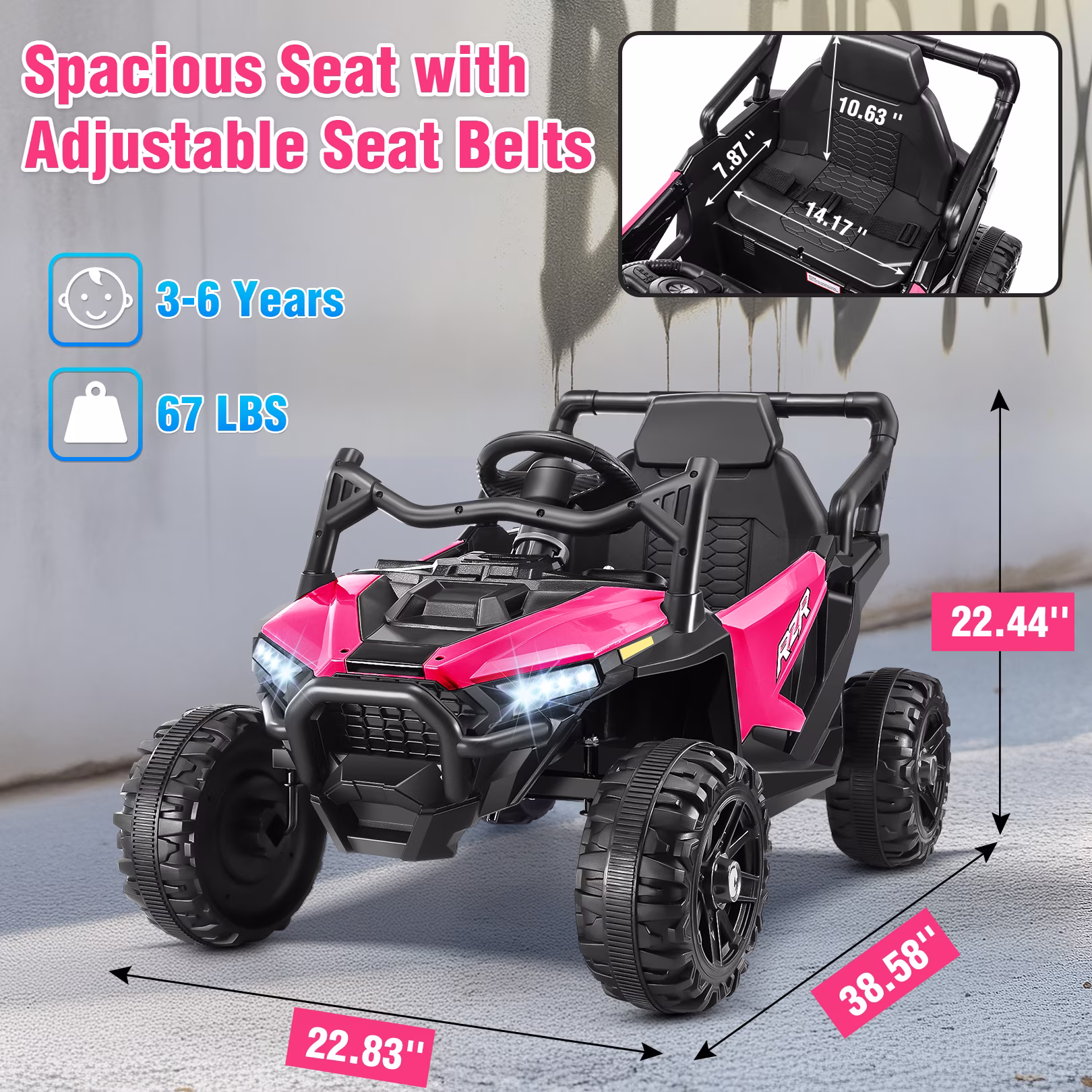 Funcid 12V Ride on Toys with Remote Control, Single Seater Ride on Cars, 200W Electric Car for Kids w/ Bluetooth, Knob Volume Control, Battery Indicator, MP3, Spring Suspension, Rose Red - Image 4