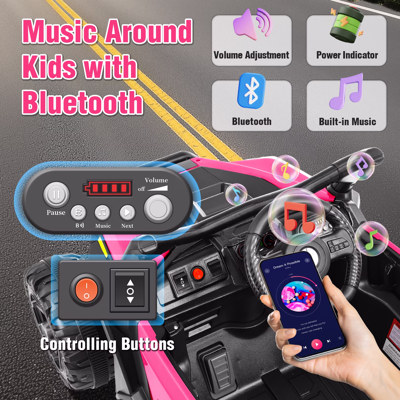 Funcid 12V Ride on Toys with Remote Control, Single Seater Ride on Cars, 200W Electric Car for Kids w/ Bluetooth, Knob Volume Control, Battery Indicator, MP3, Spring Suspension, Rose Red - Image 2