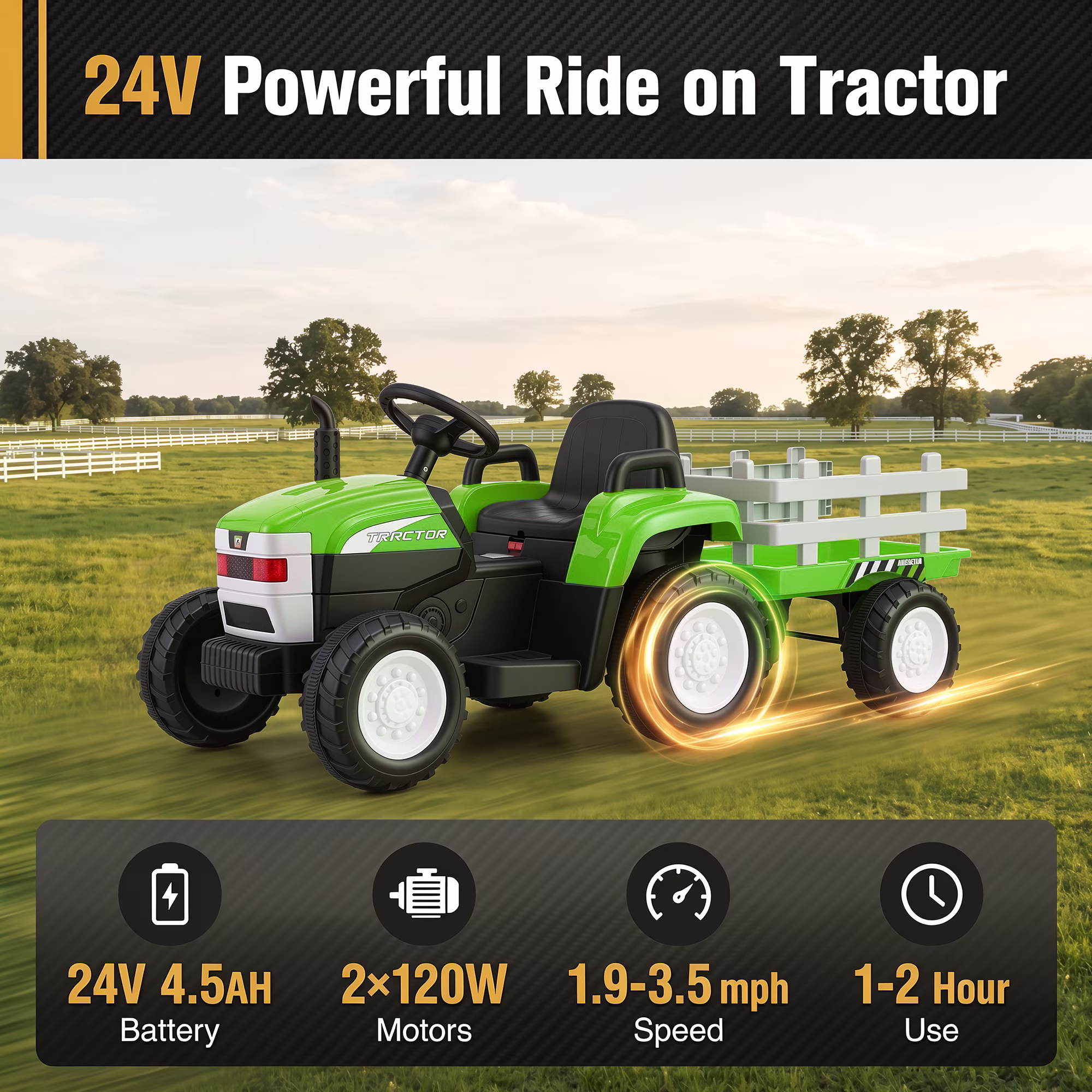 Funcid 24 Volt Ride on Toys with Remote, 5 AH Electric Ride on Vehicles for Kids, 240W Ride on Tractor, Power Car Wheels w/ Detachable Trailer, Bluetooth, Music, Taillight & Light Switch, Green - Image 5