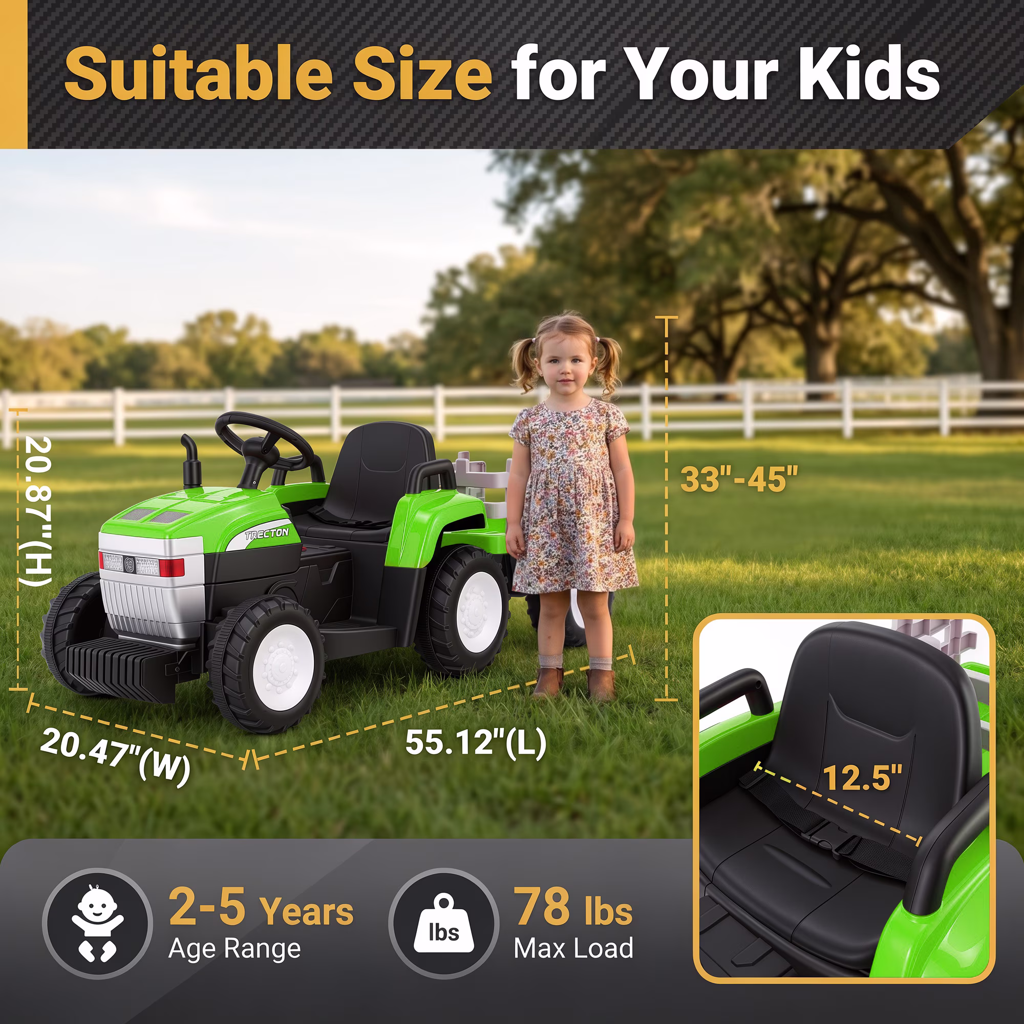 Funcid 24 Volt Ride on Toys with Remote, 5 AH Electric Ride on Vehicles for Kids, 240W Ride on Tractor, Power Car Wheels w/ Detachable Trailer, Bluetooth, Music, Taillight & Light Switch, Green - Image 3
