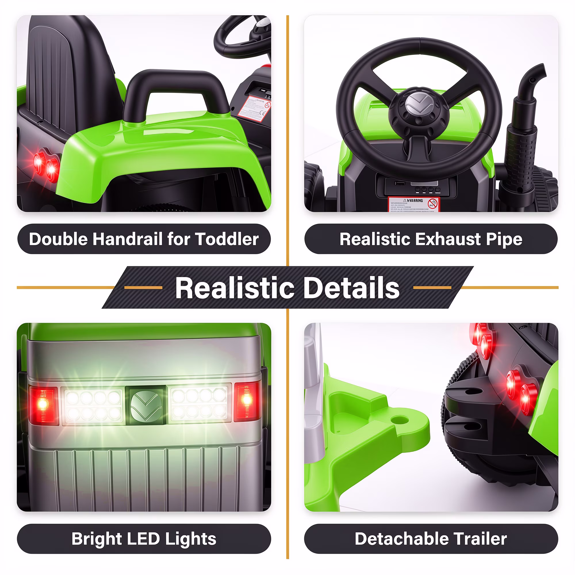 Funcid 24 Volt Ride on Toys with Remote, 5 AH Electric Ride on Vehicles for Kids, 240W Ride on Tractor, Power Car Wheels w/ Detachable Trailer, Bluetooth, Music, Taillight & Light Switch, Green - Image 4