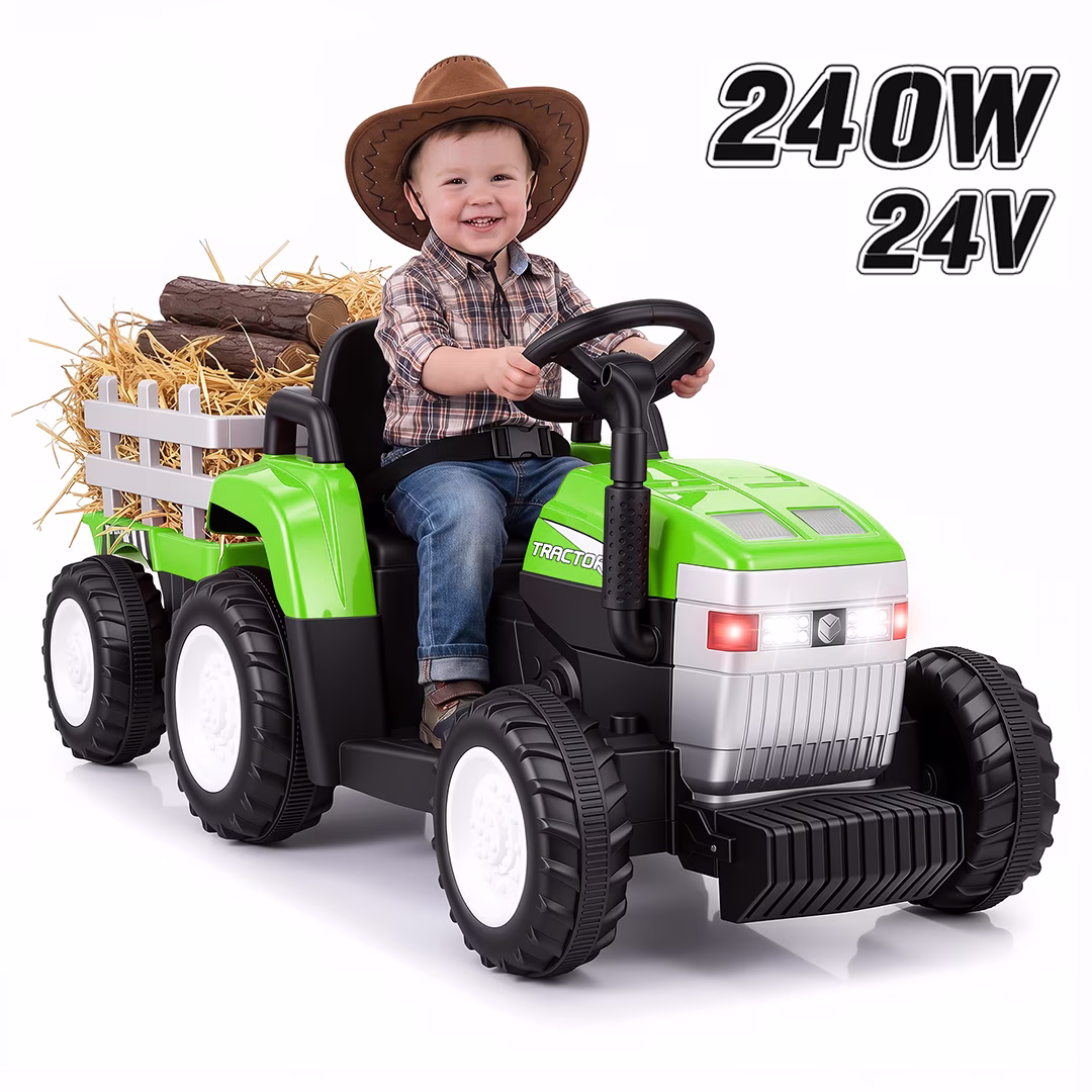 Funcid 24 Volt Ride on Toys with Remote, 5 AH Electric Ride on Vehicles for Kids, 240W Ride on Tractor, Power Car Wheels w/ Detachable Trailer, Bluetooth, Music, Taillight & Light Switch, Green