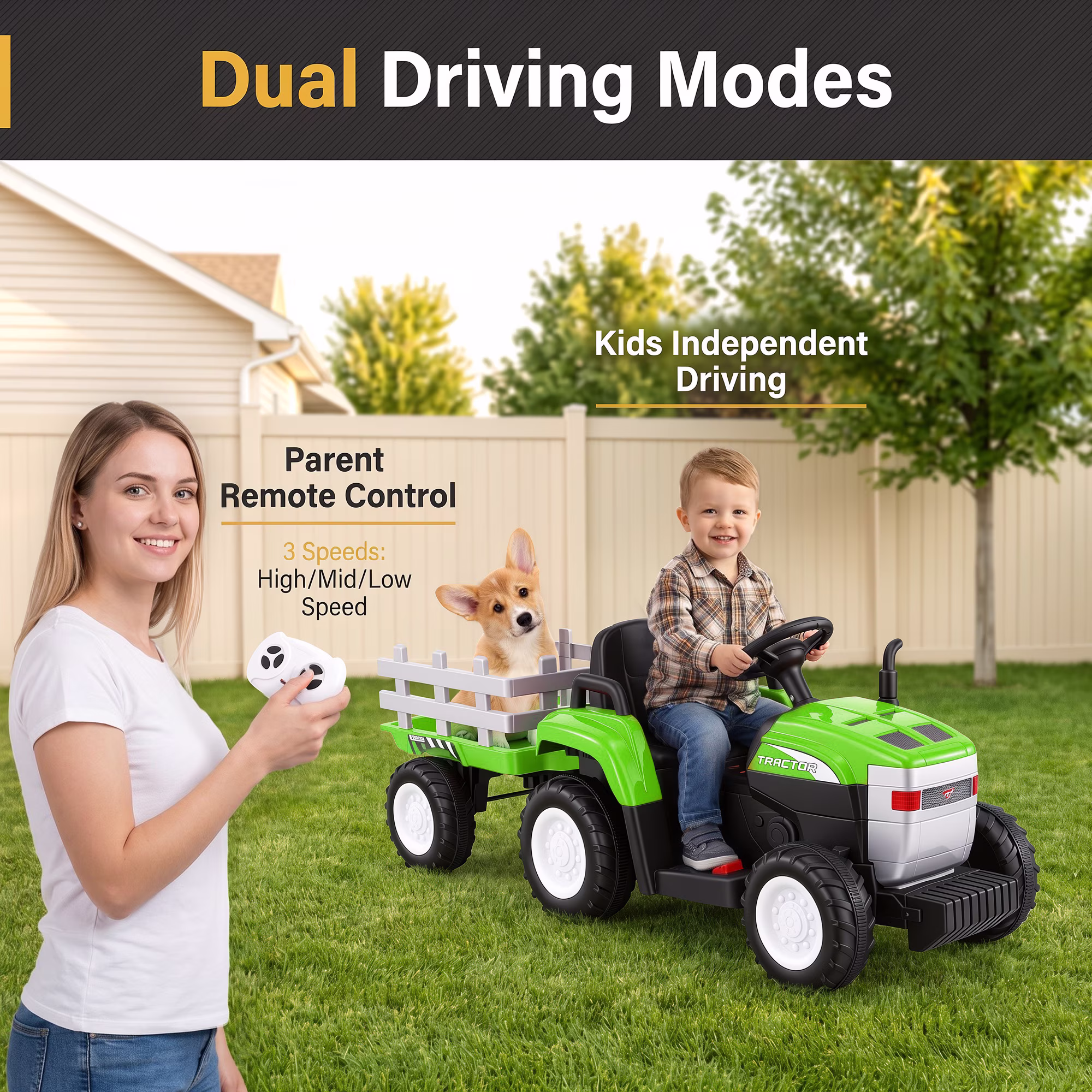 Funcid 24 Volt Ride on Toys with Remote, 5 AH Electric Ride on Vehicles for Kids, 240W Ride on Tractor, Power Car Wheels w/ Detachable Trailer, Bluetooth, Music, Taillight & Light Switch, Green - Image 2