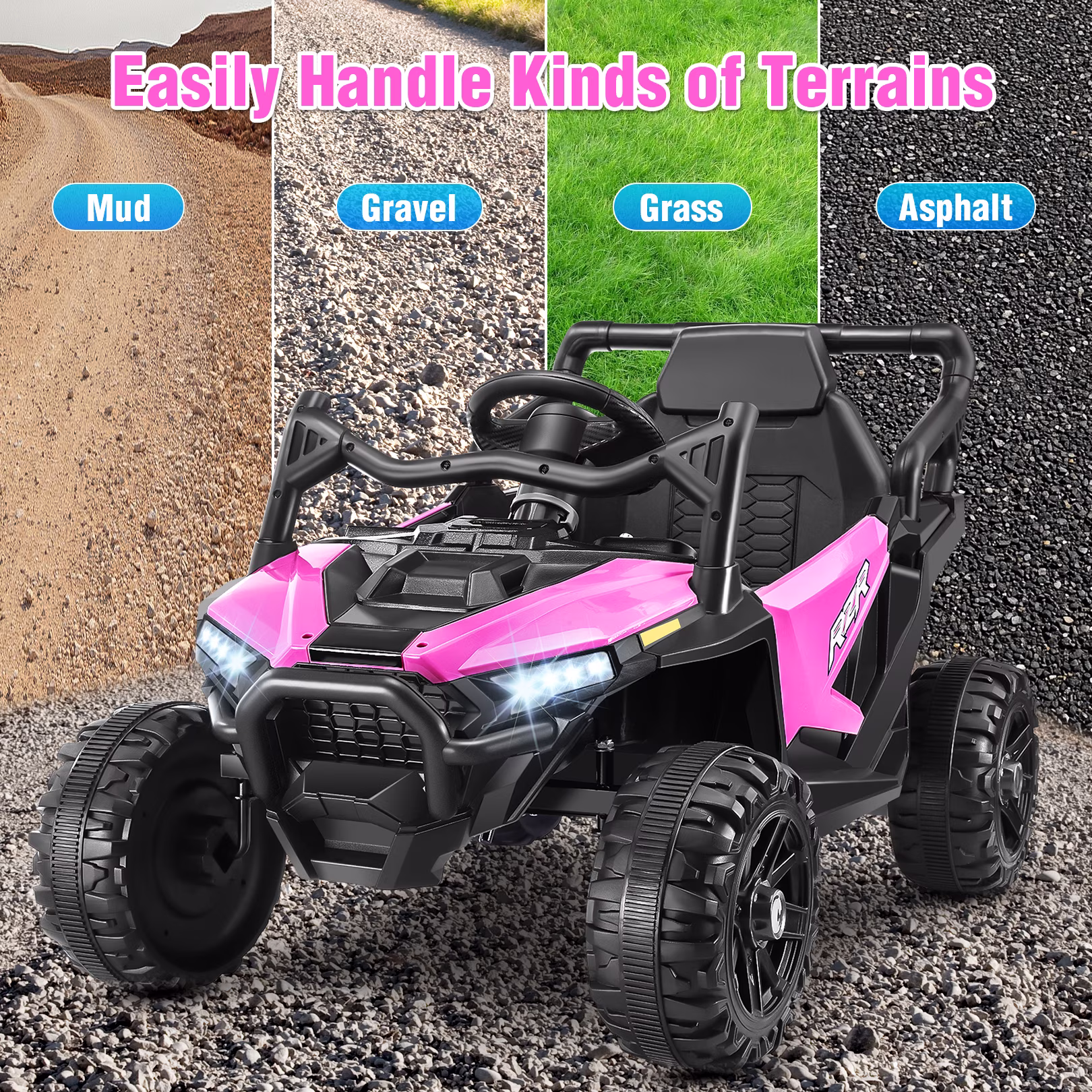 Funcid 24 Volt Ride on Toys with Remote Control & Battery Indicator, 400W Ride on UTV, Electric Car for Kids w/ Bluetooth, Music, LED Lights, Volume Adjustment Knob, 3 Speeds, Pink - Image 2
