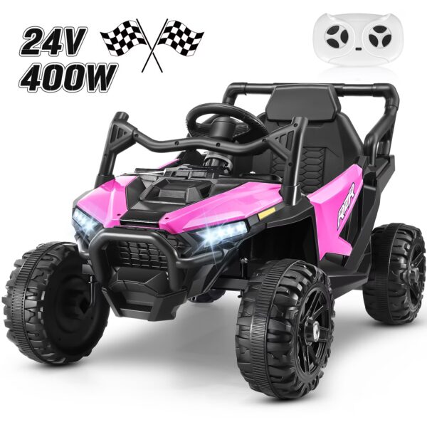 Funcid 24 Volt Ride on Toys with Remote Control & Battery Indicator, 400W Ride on UTV, Electric Car for Kids w/ Bluetooth, Music, LED Lights, Volume Adjustment Knob, 3 Speeds, Pink