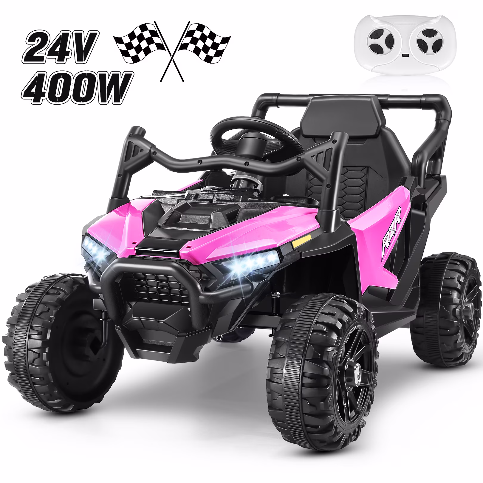 Funcid 24 Volt Ride on Toys with Remote Control & Battery Indicator, 400W Ride on UTV, Electric Car for Kids w/ Bluetooth, Music, LED Lights, Volume Adjustment Knob, 3 Speeds, Pink