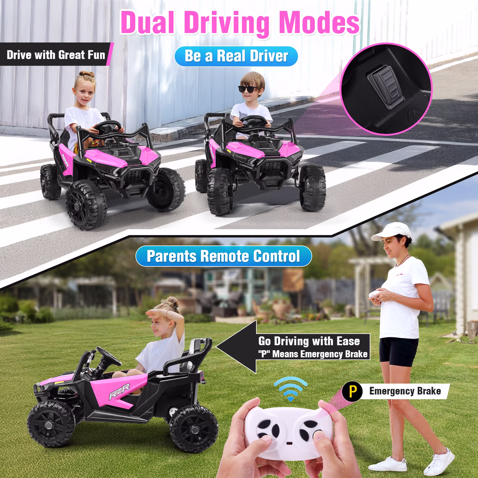 Funcid 24 Volt Ride on Toys with Remote Control & Battery Indicator, 400W Ride on UTV, Electric Car for Kids w/ Bluetooth, Music, LED Lights, Volume Adjustment Knob, 3 Speeds, Pink - Image 3