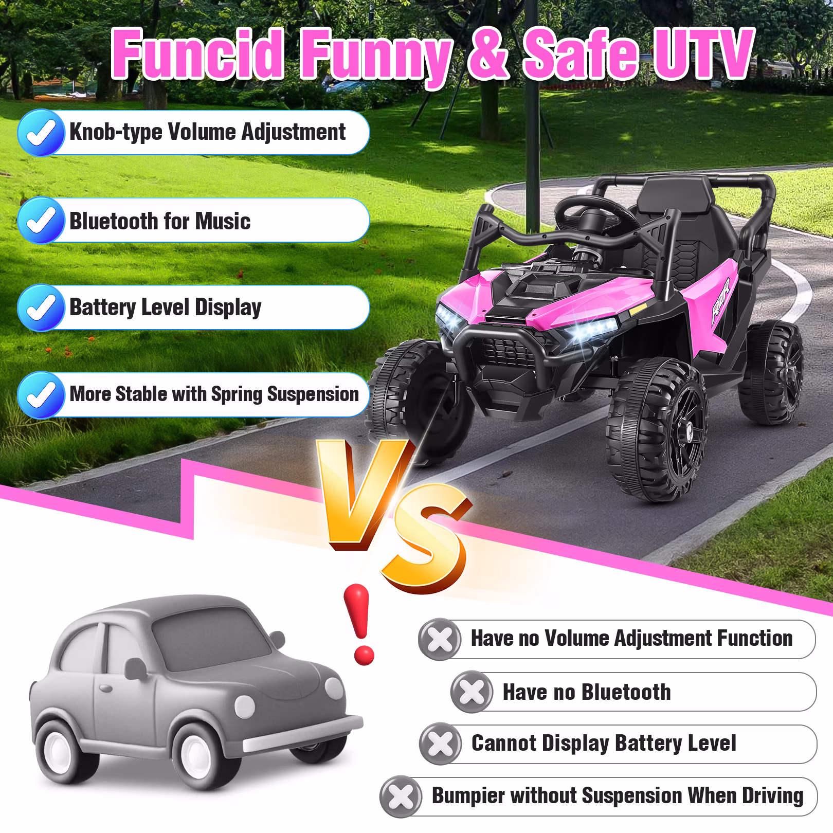 Funcid 24 Volt Ride on Toys with Remote Control & Battery Indicator, 400W Ride on UTV, Electric Car for Kids w/ Bluetooth, Music, LED Lights, Volume Adjustment Knob, 3 Speeds, Pink - Image 4