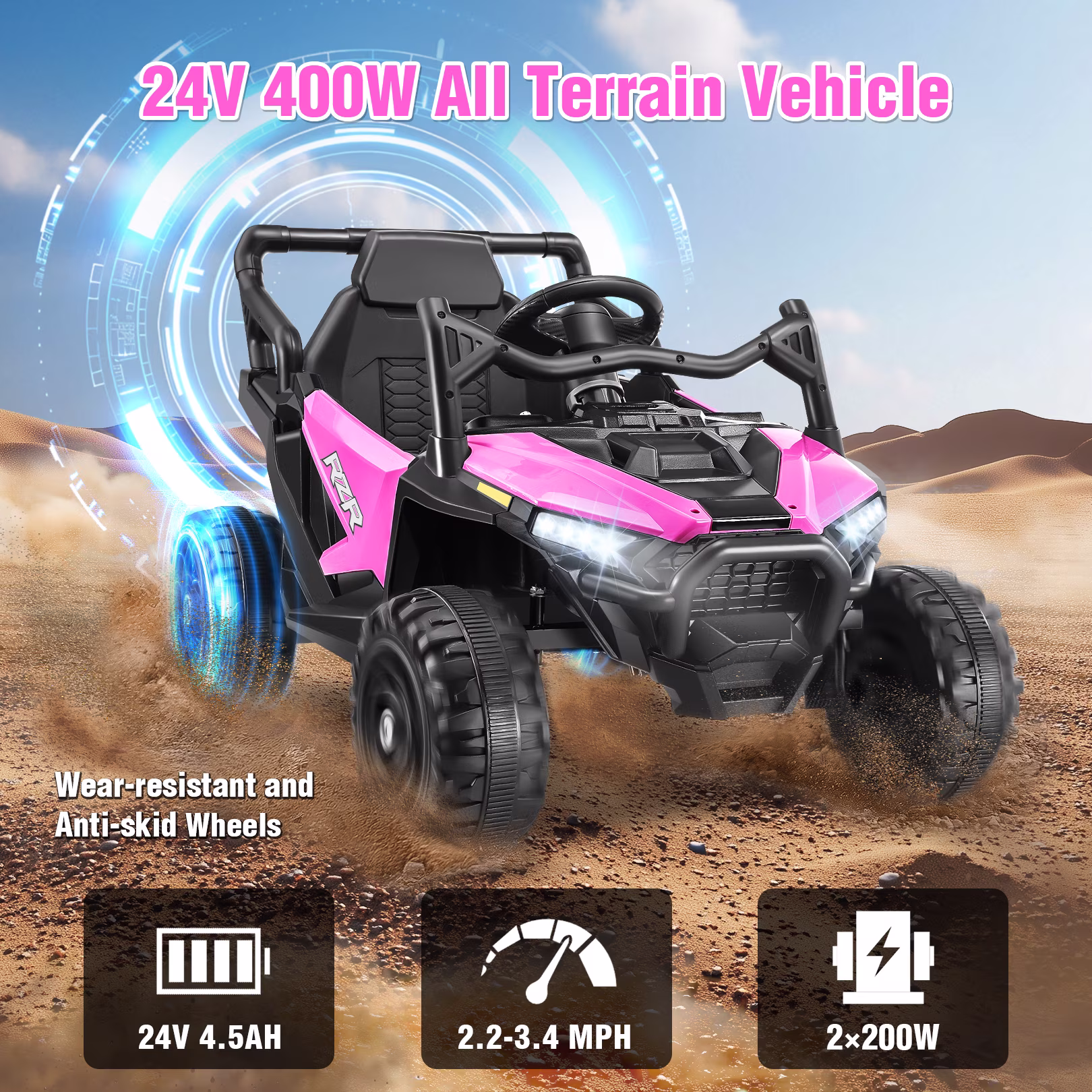 Funcid 24 Volt Ride on Toys with Remote Control & Battery Indicator, 400W Ride on UTV, Electric Car for Kids w/ Bluetooth, Music, LED Lights, Volume Adjustment Knob, 3 Speeds, Pink - Image 5