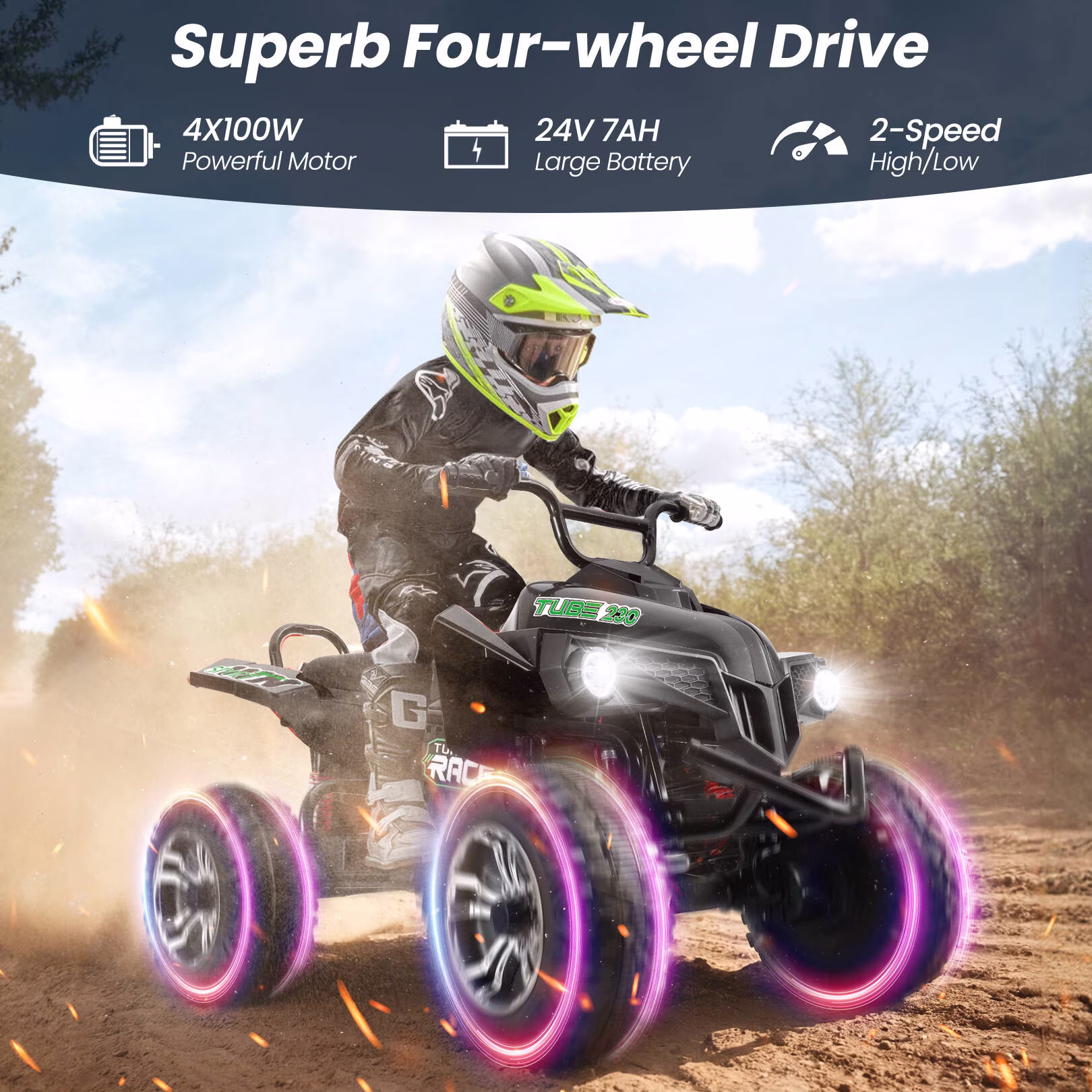 Funcid 24V 7AH Electric Kids ATV, 2 Seater Ride on Car with Steel Frame, Ride on Toy for Big Kids 3-10 Years w/ Bluetooth, Music, LED Lights, Black - Image 3