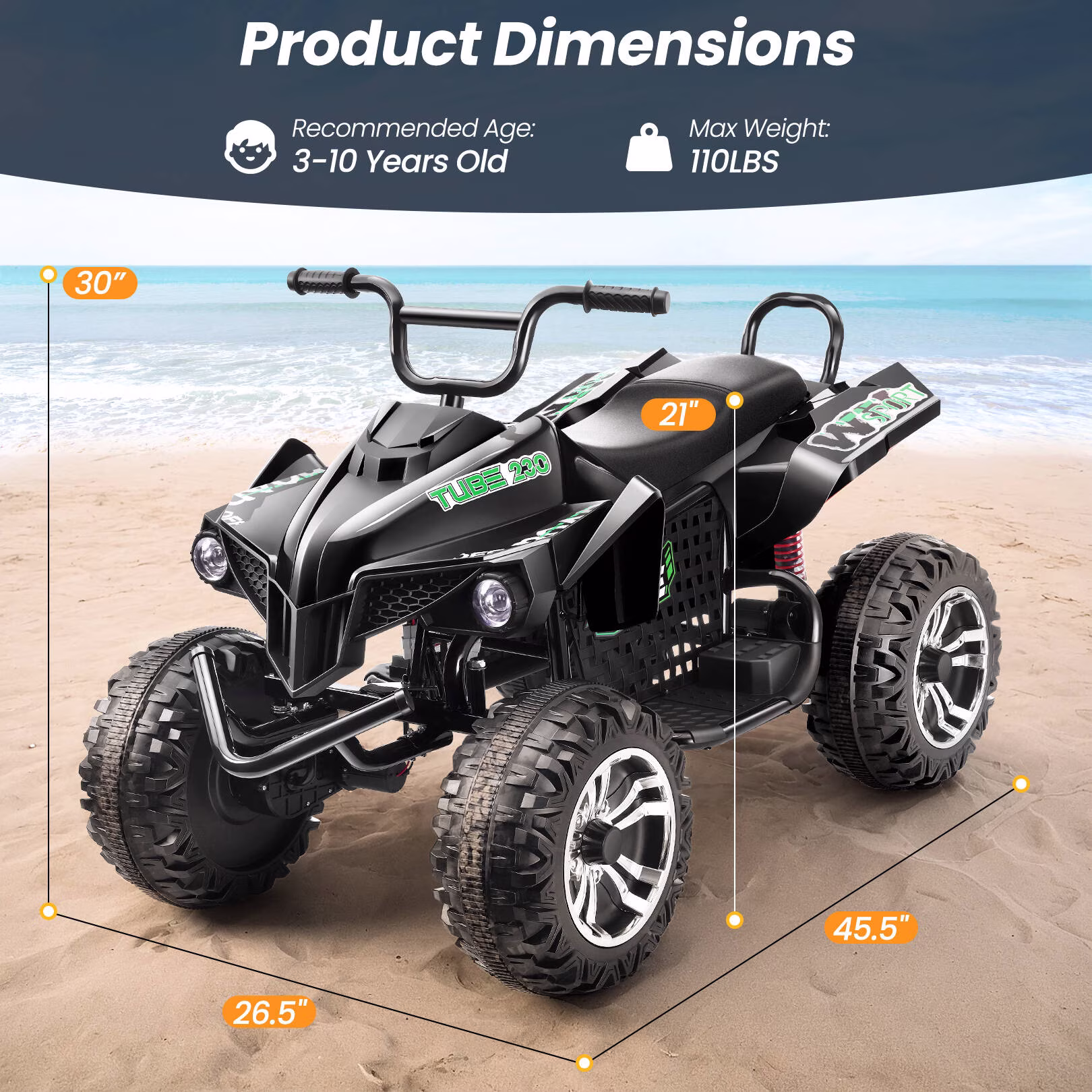 Funcid 24V 7AH Electric Kids ATV, 2 Seater Ride on Car with Steel Frame, Ride on Toy for Big Kids 3-10 Years w/ Bluetooth, Music, LED Lights, Black - Image 4