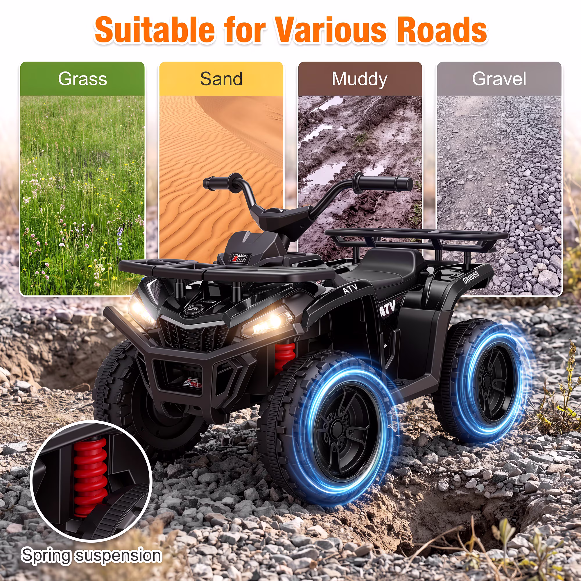 Funcid 24V Kids ATV, Ride on Toys for Toddlers with 2 Speeds, 4 Wheeler Electric Car, Ride on Car with Storage Spaces, Spring Suspension, Bluetooth Music, LED Lights, Black - Image 2