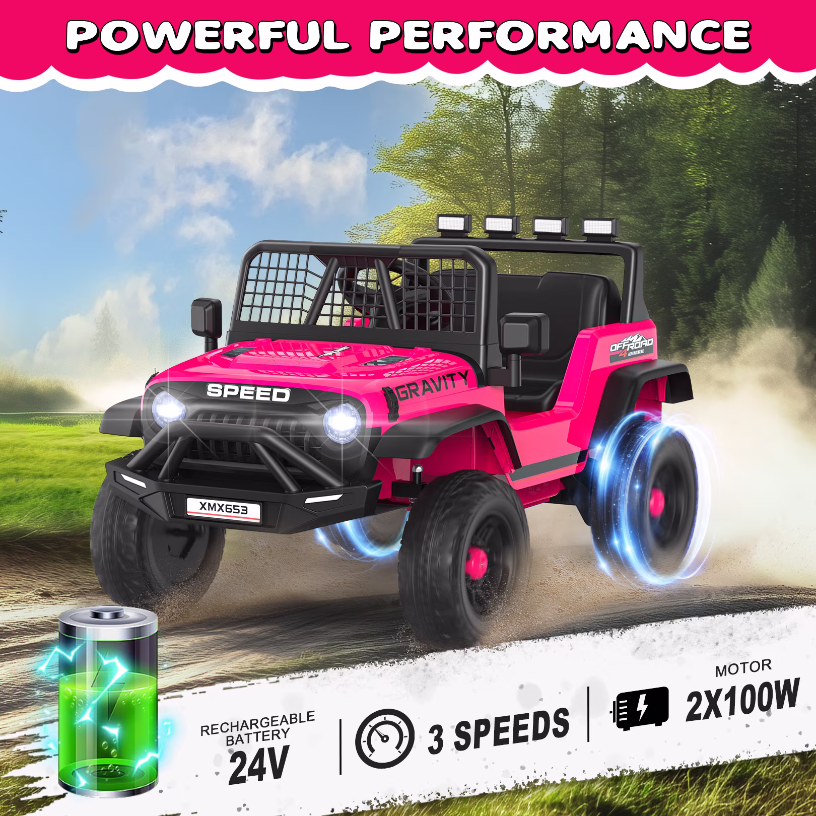 Funcid 24V Ride on Cars Truck with Remote Control, Electric Battery Powered Car with Spring Suspension, Ride on Toys for Kids, Built-in music, Cool LED Light, Bluetooth, USB, Pink - Image 2