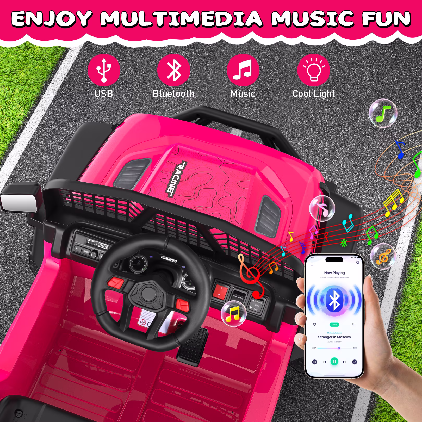 Funcid 24V Ride on Cars Truck with Remote Control, Electric Battery Powered Car with Spring Suspension, Ride on Toys for Kids, Built-in music, Cool LED Light, Bluetooth, USB, Pink - Image 5