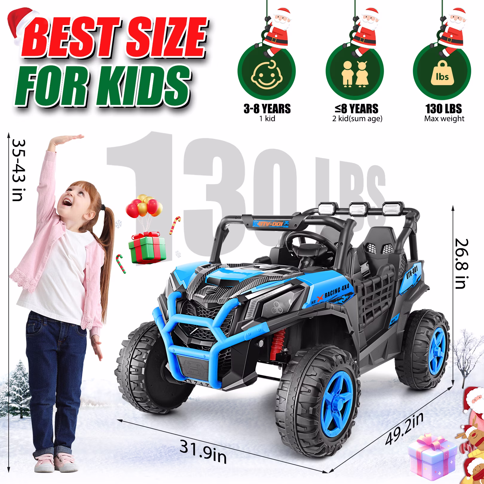 Funcid 24V Ride on Toys 4WD Ride on Cars with Remote Control, 2 XL Seater Electric Car for Kids, Power Car Wheels, UTV w/ 4*200W Motor, Bluetooth, Music, Lights, 3 Speeds, Blue - Image 3