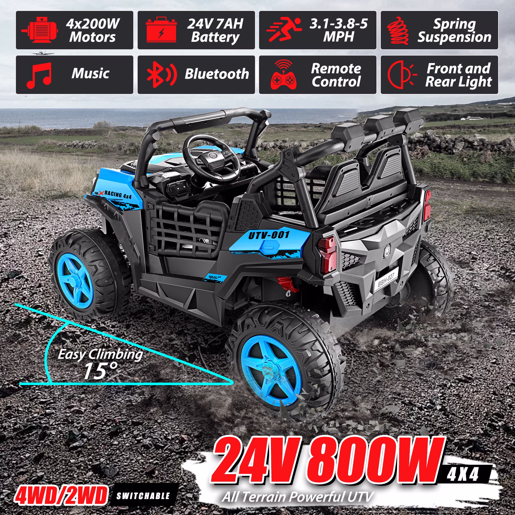 Funcid 24V Ride on Toys 4WD Ride on Cars with Remote Control, 2 XL Seater Electric Car for Kids, Power Car Wheels, UTV w/ 4*200W Motor, Bluetooth, Music, Lights, 3 Speeds, Blue - Image 2