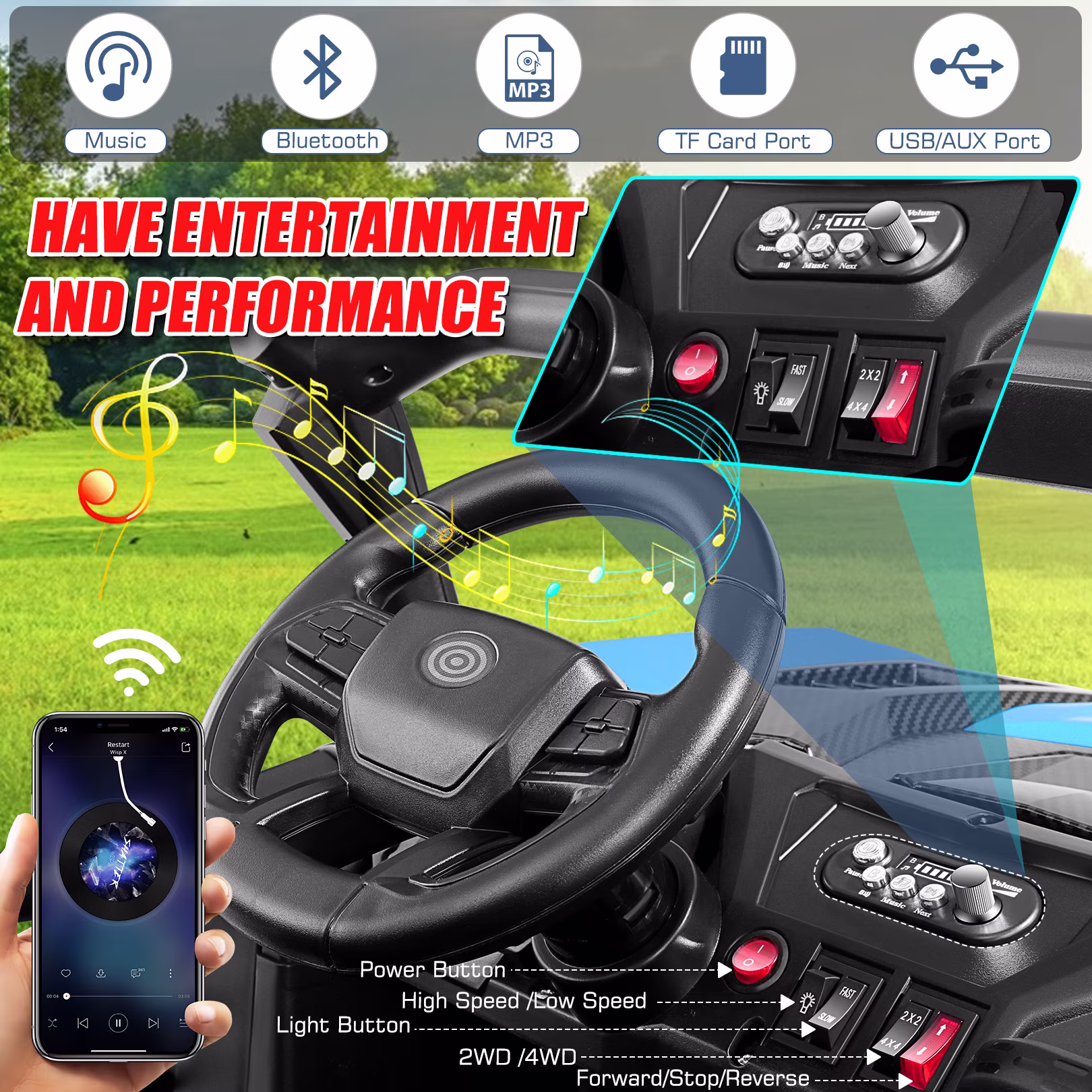 Funcid 24V Ride on Toys 4WD Ride on Cars with Remote Control, 2 XL Seater Electric Car for Kids, Power Car Wheels, UTV w/ 4*200W Motor, Bluetooth, Music, Lights, 3 Speeds, Blue - Image 4