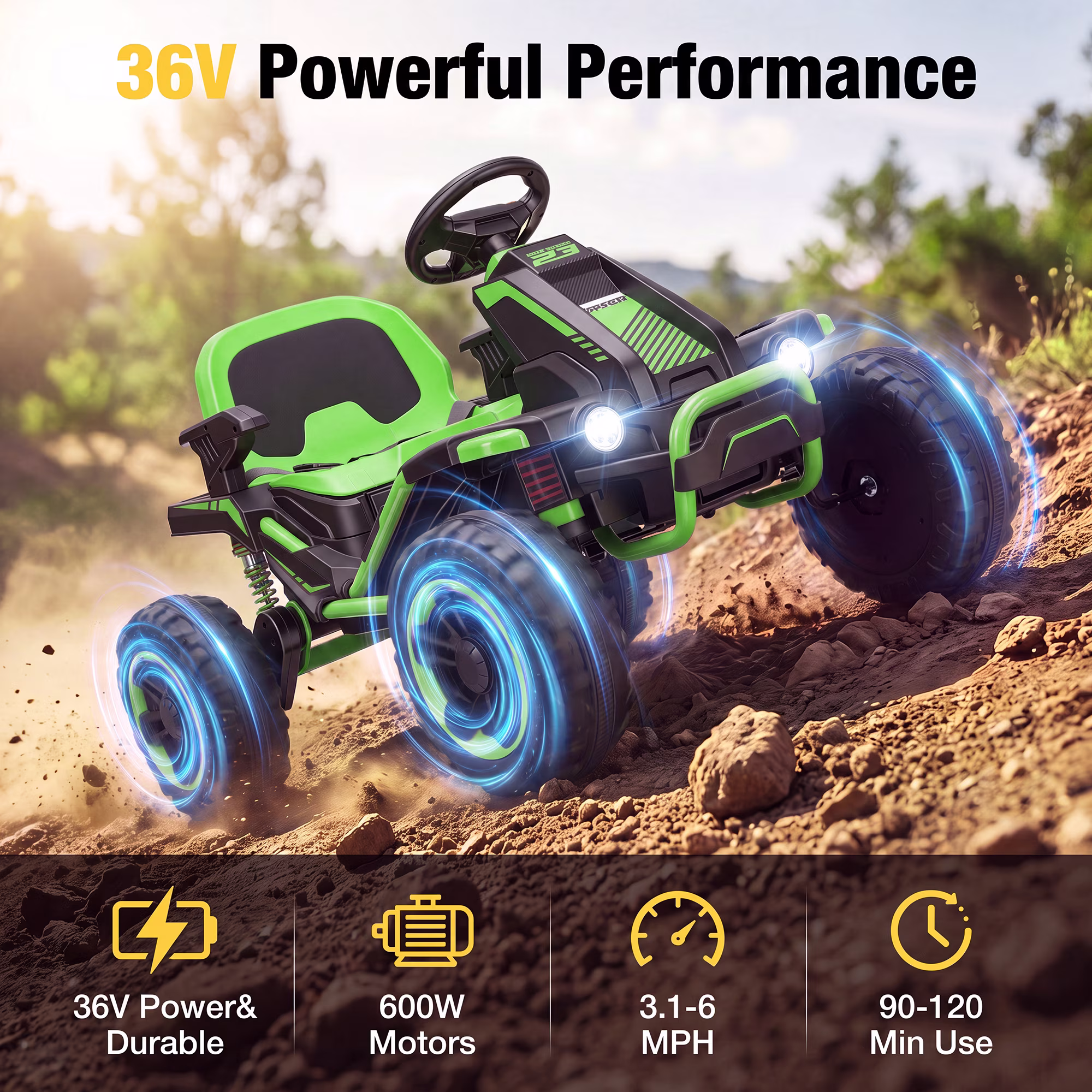 Funcid 36V Ride on Car for Kids, 4 Wheeler Electric Car with 600W Motors, Ride on Toy for Big Kids, Electric ATV with Spring Suspension, Bluetooth, Music, LED Lights, Green - Image 4