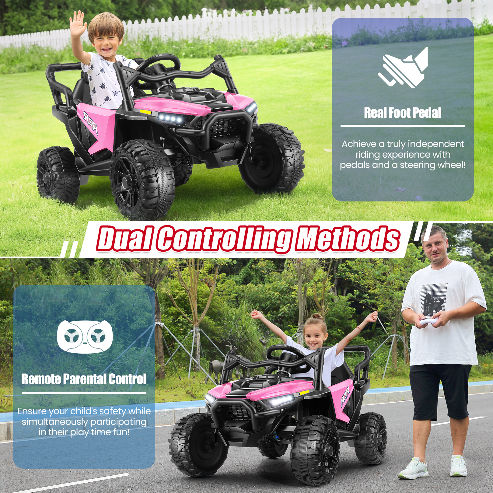 Funcid Ride on Toys, Kids Ride on Cars with Remote Control, 400W Powerful Electric Car for Kids, Ride on UTV w/ Bluetooth, Battery Indicator, Knob Volume Control, Spring Suspension, Pink - Image 5