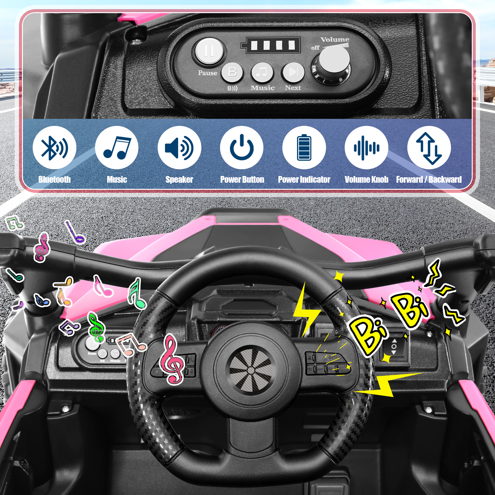 Funcid Ride on Toys, Kids Ride on Cars with Remote Control, 400W Powerful Electric Car for Kids, Ride on UTV w/ Bluetooth, Battery Indicator, Knob Volume Control, Spring Suspension, Pink - Image 3