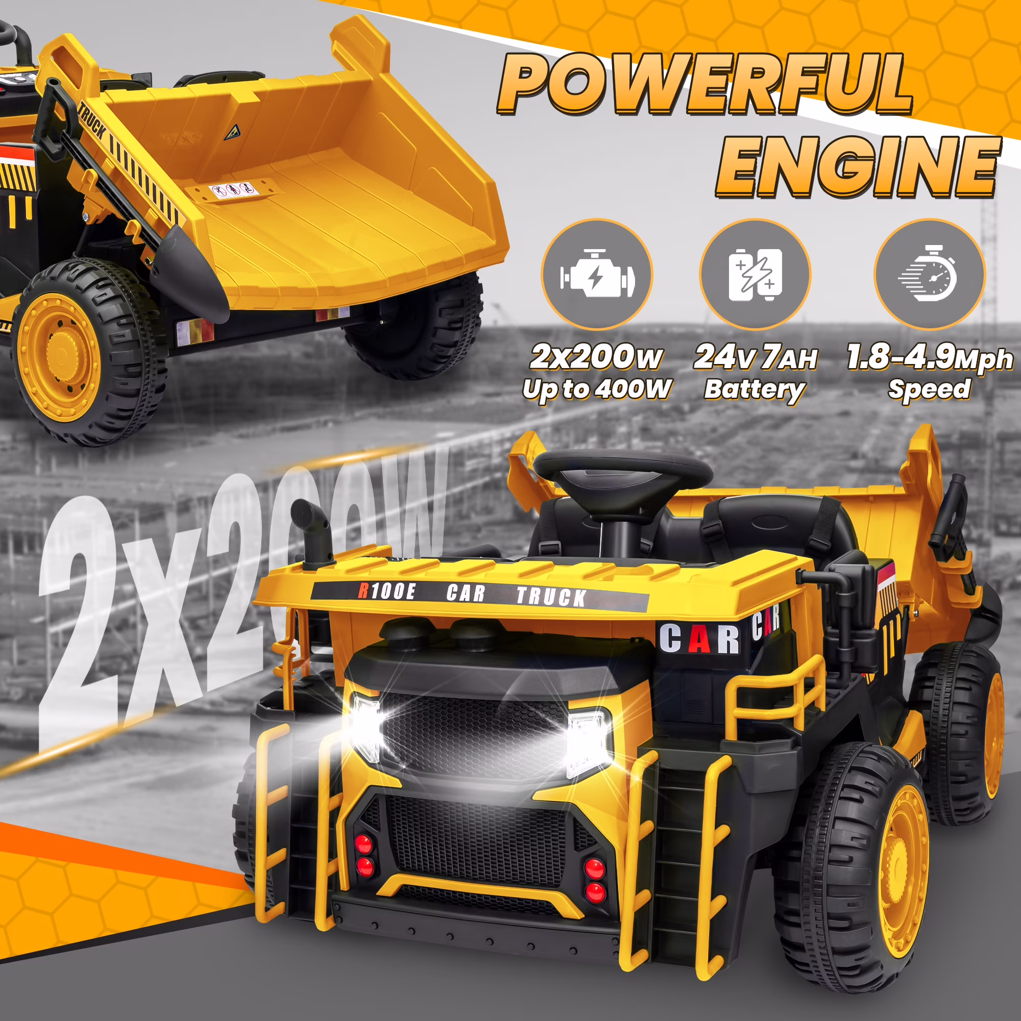 24 Volt Ride on Toys w/ Remote Control, 2*200W Strong Motor, Electric Powered Ride on Dump Truck with Shovel, 3 Speeds, LED Lights, MP3/USB Music, Yellow - Image 2