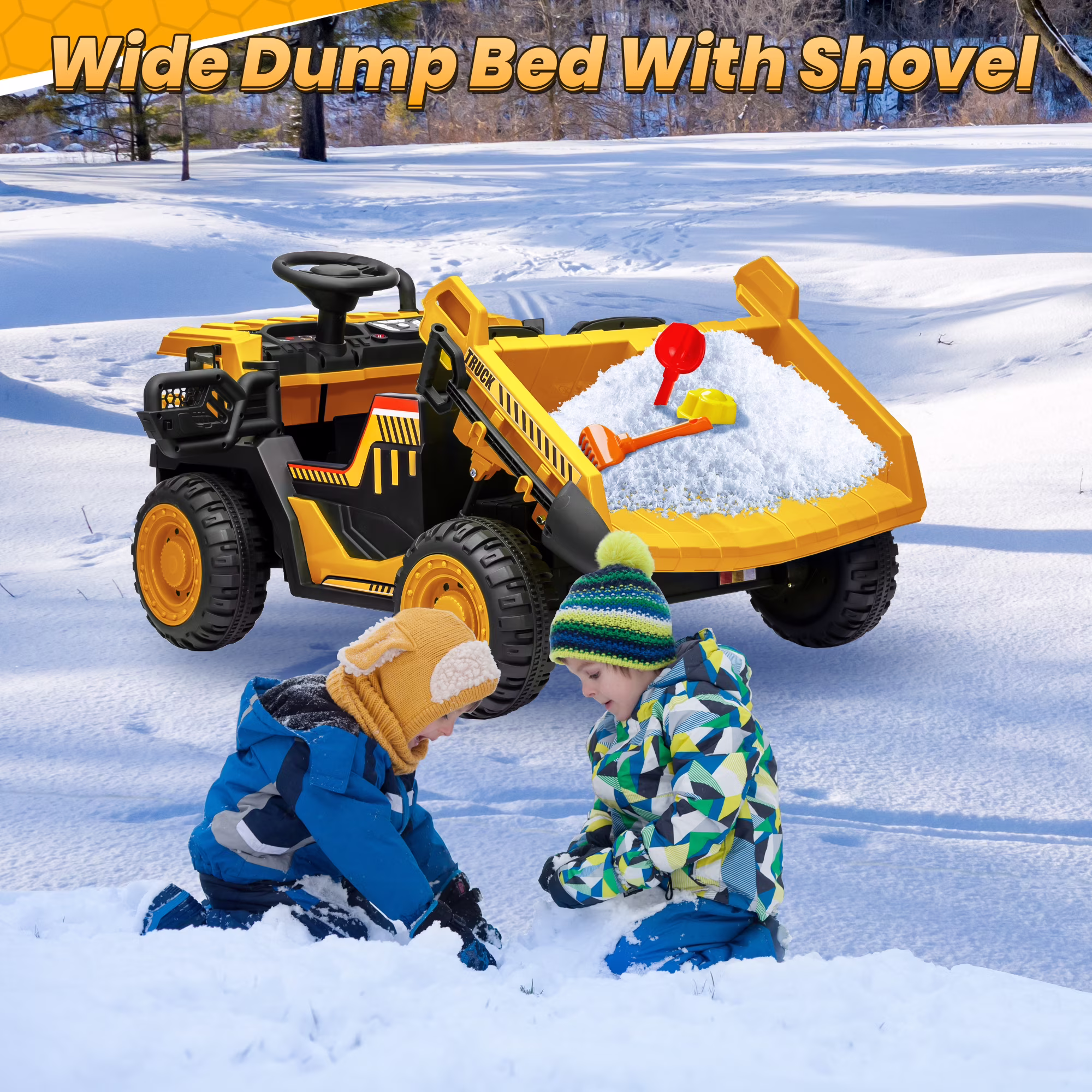 Funride 24V Ride on Toys 2 Seater Ride on Dump Truck w/ Remote Control w/ Dump Bed, 3 Speeds, Shovel, Bluetooth/Music, Big Kids, Yellow - Image 2