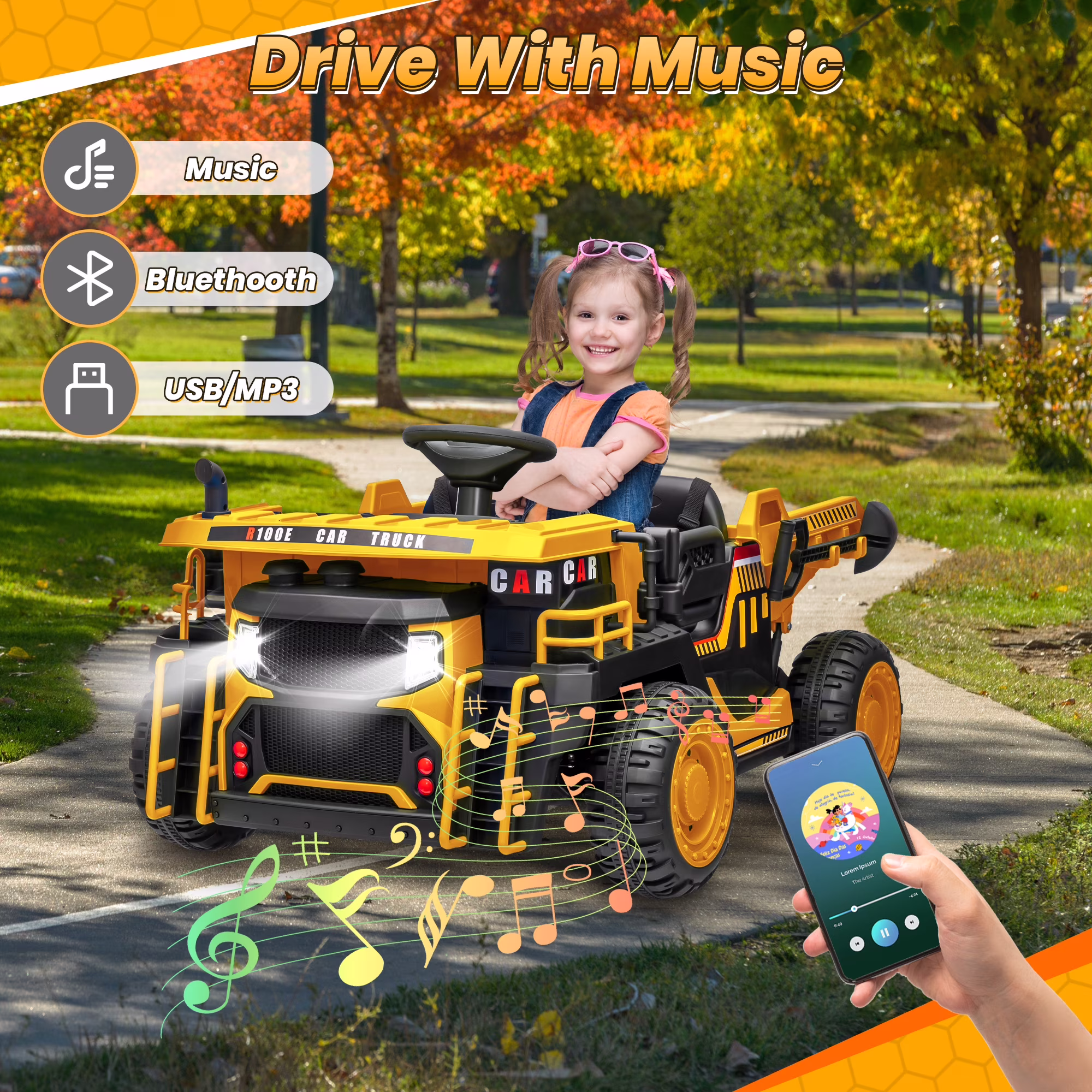 24 Volt Ride on Toys w/ Remote Control, 2*200W Strong Motor, Electric Powered Ride on Dump Truck with Shovel, 3 Speeds, LED Lights, MP3/USB Music, Yellow - Image 5